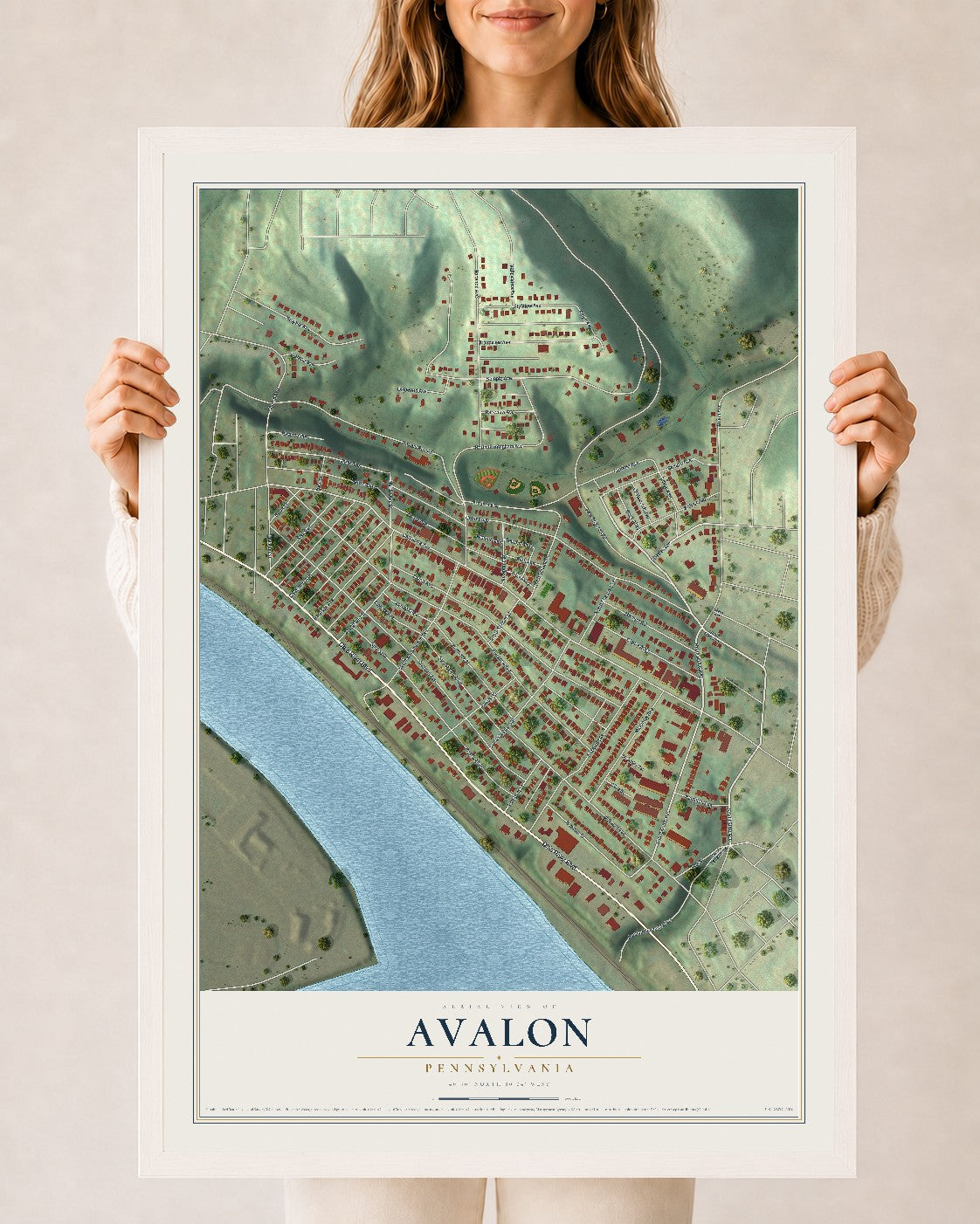 Map of Avalon, Pennsylvania, 24 x 36 inch print in a white wood frame