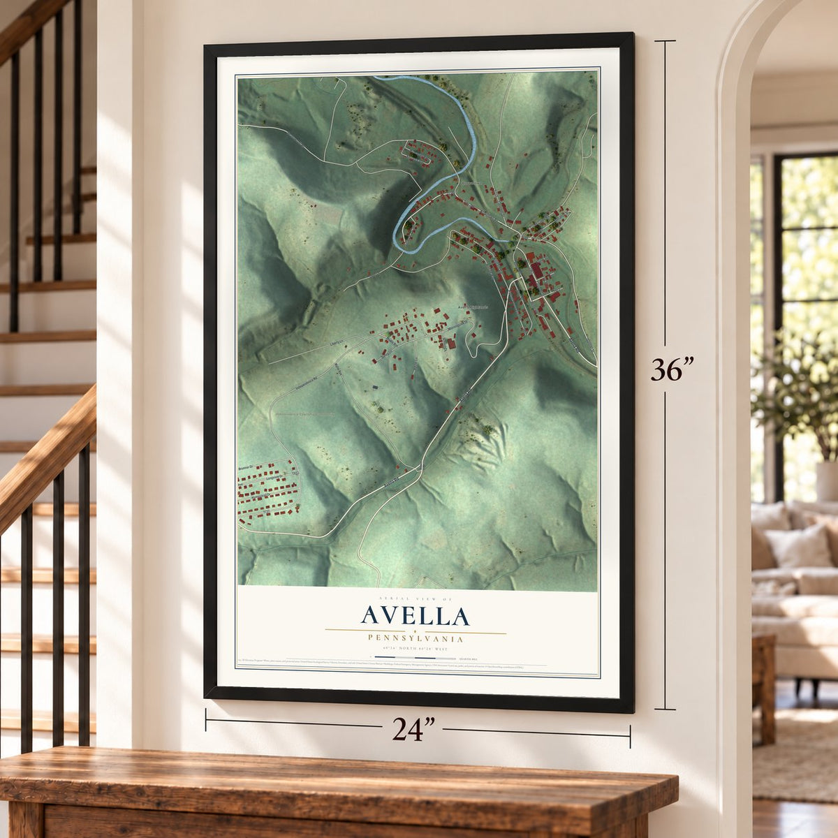 Avella, Pennsylvania map, 24 x 36 inch print in a black frame by a staircase