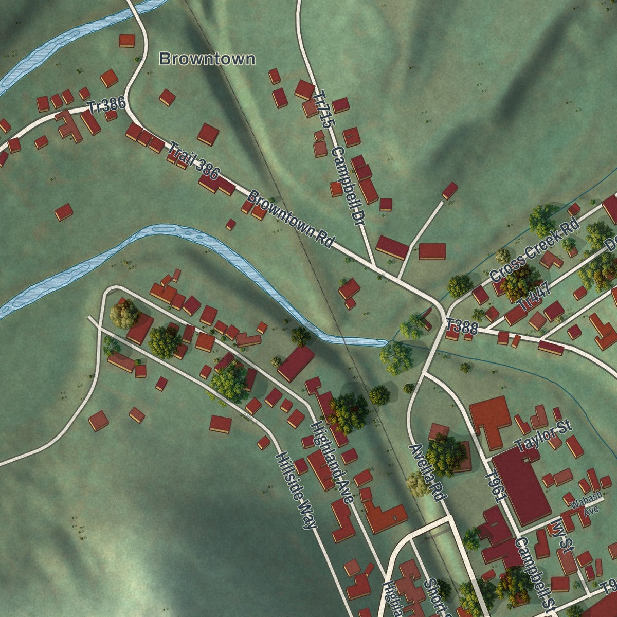 Close-up of the map of Avella, Pennsylvania print showing street and building detail