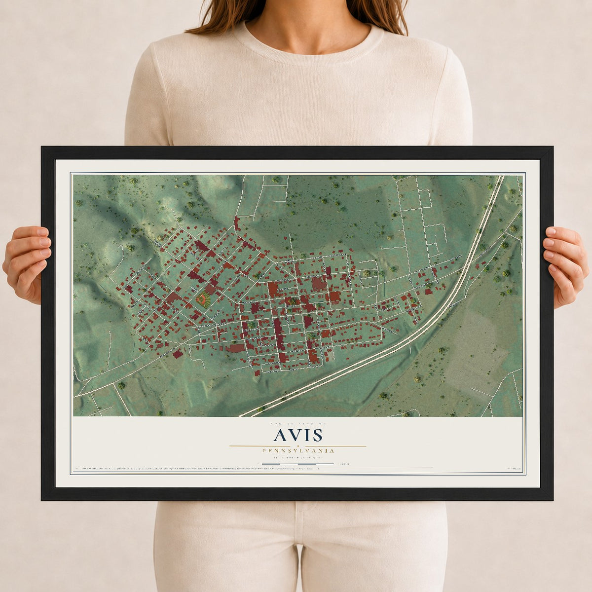 Map of Avis, Pennsylvania, 12 x 18 inch print in a black wood frame