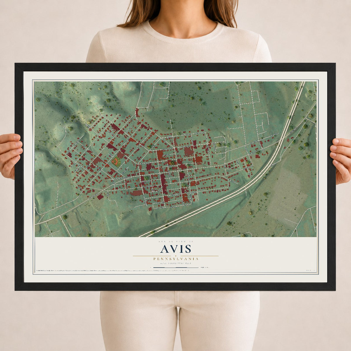Map of Avis, Pennsylvania, 18 x 24 inch print in a black wood frame