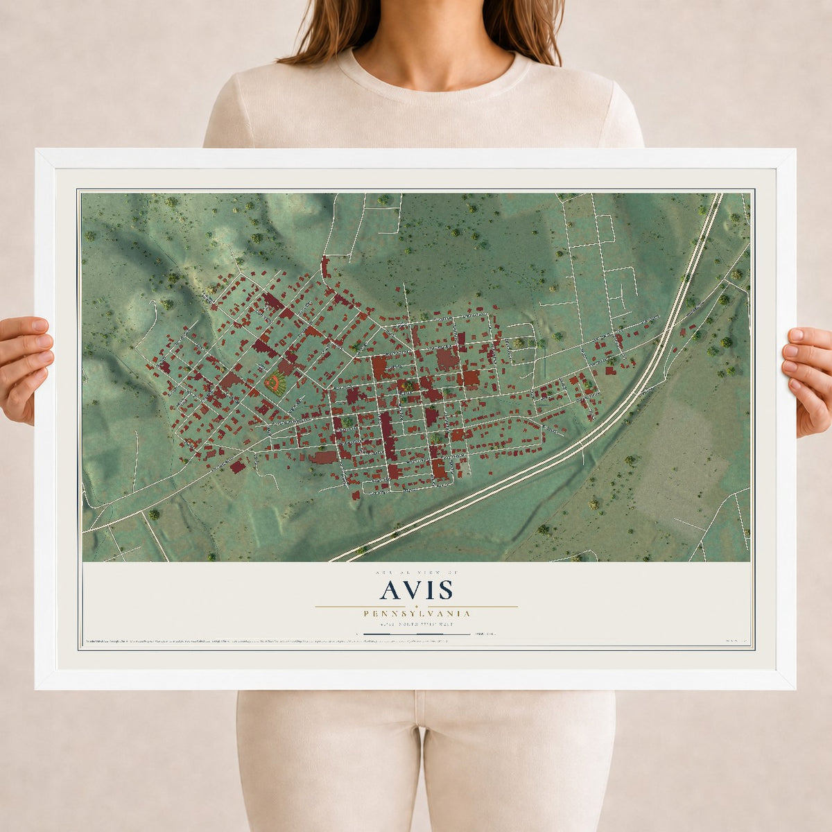 Map of Avis, Pennsylvania, 18 x 24 inch print in a white wood frame