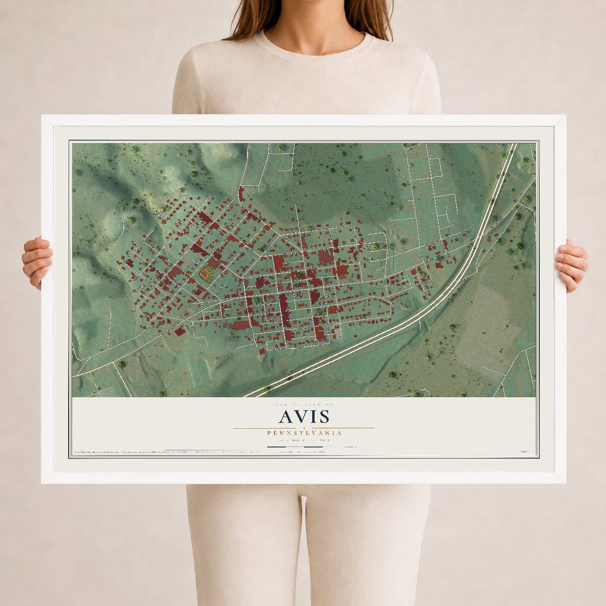 Map of Avis, Pennsylvania, 24 x 36 inch print in a white wood frame