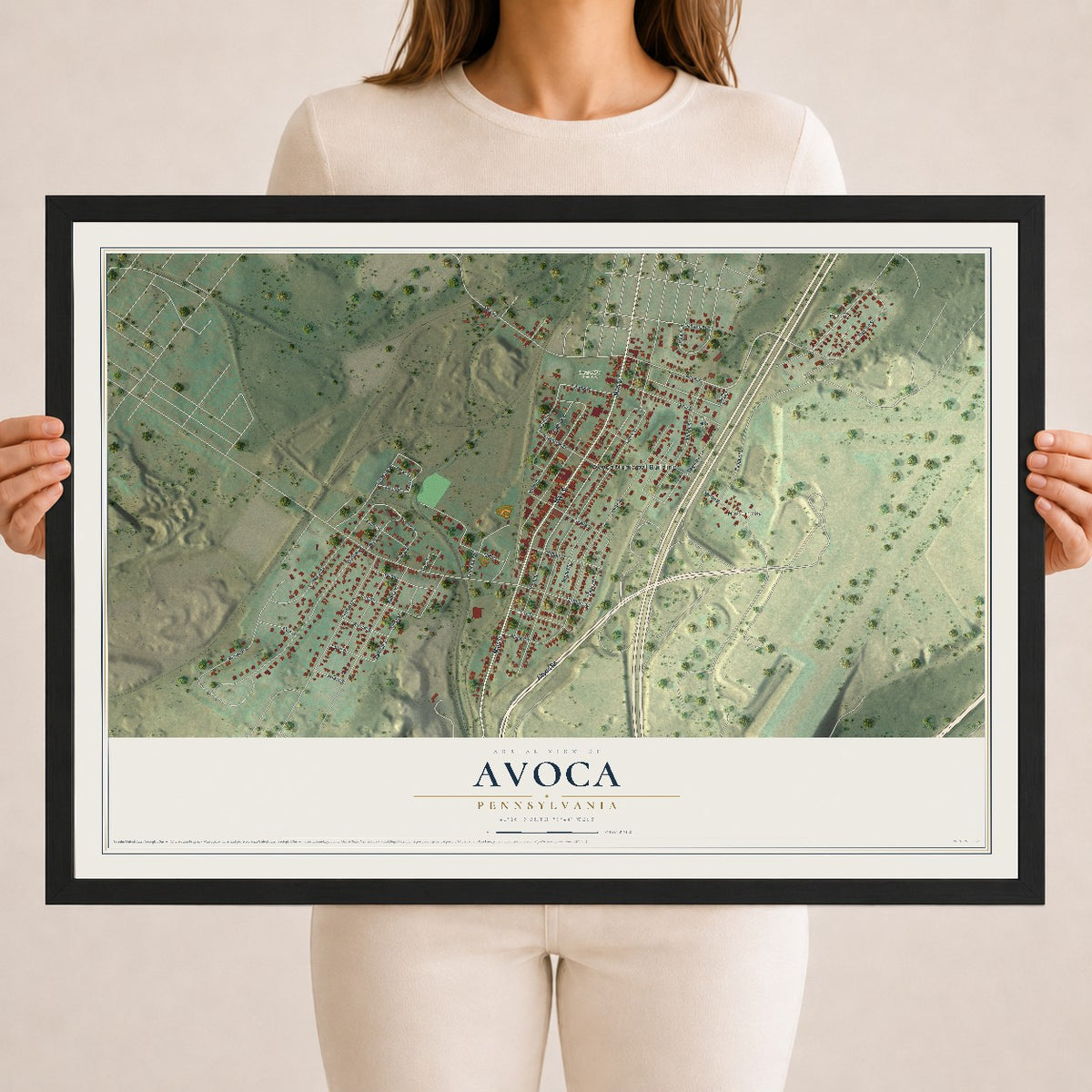 Map of Avoca, Pennsylvania, 18 x 24 inch print in a black wood frame