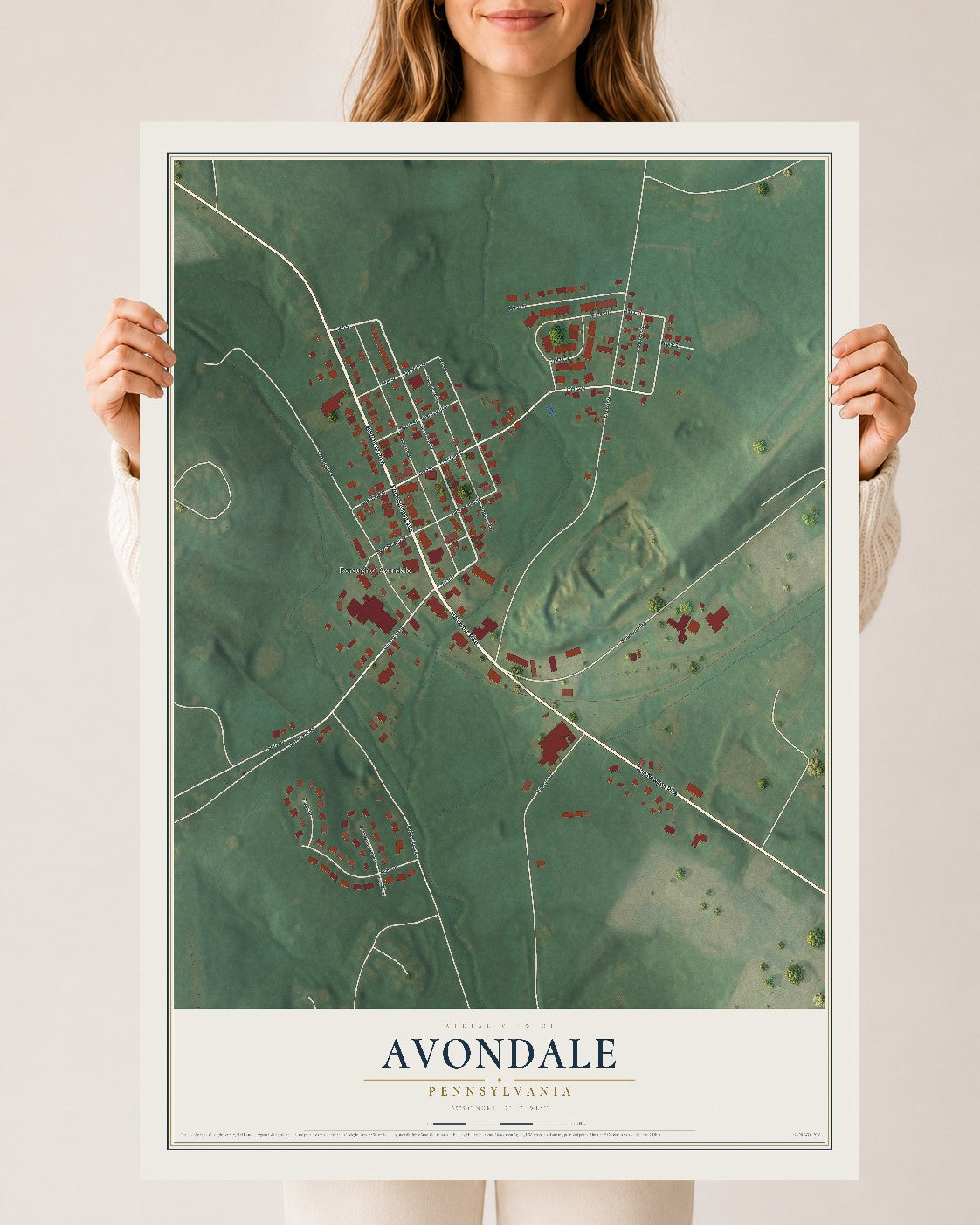 Map of Avondale, Pennsylvania, 24 x 36 inch unframed archival matte print