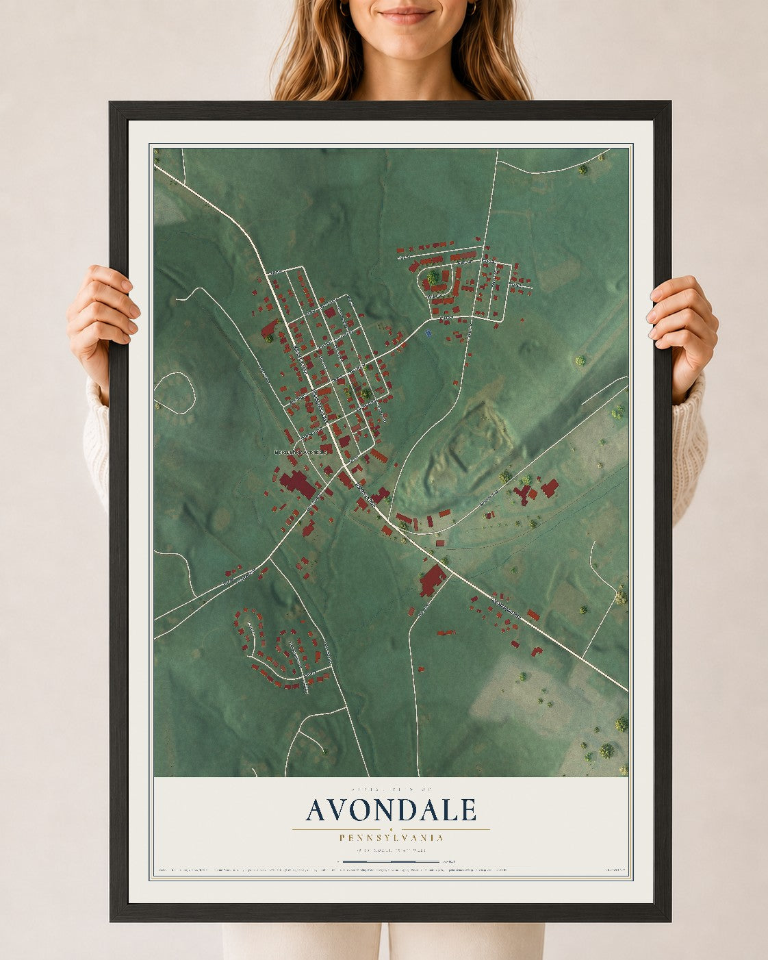 Map of Avondale, Pennsylvania, 24 x 36 inch print in a black wood frame