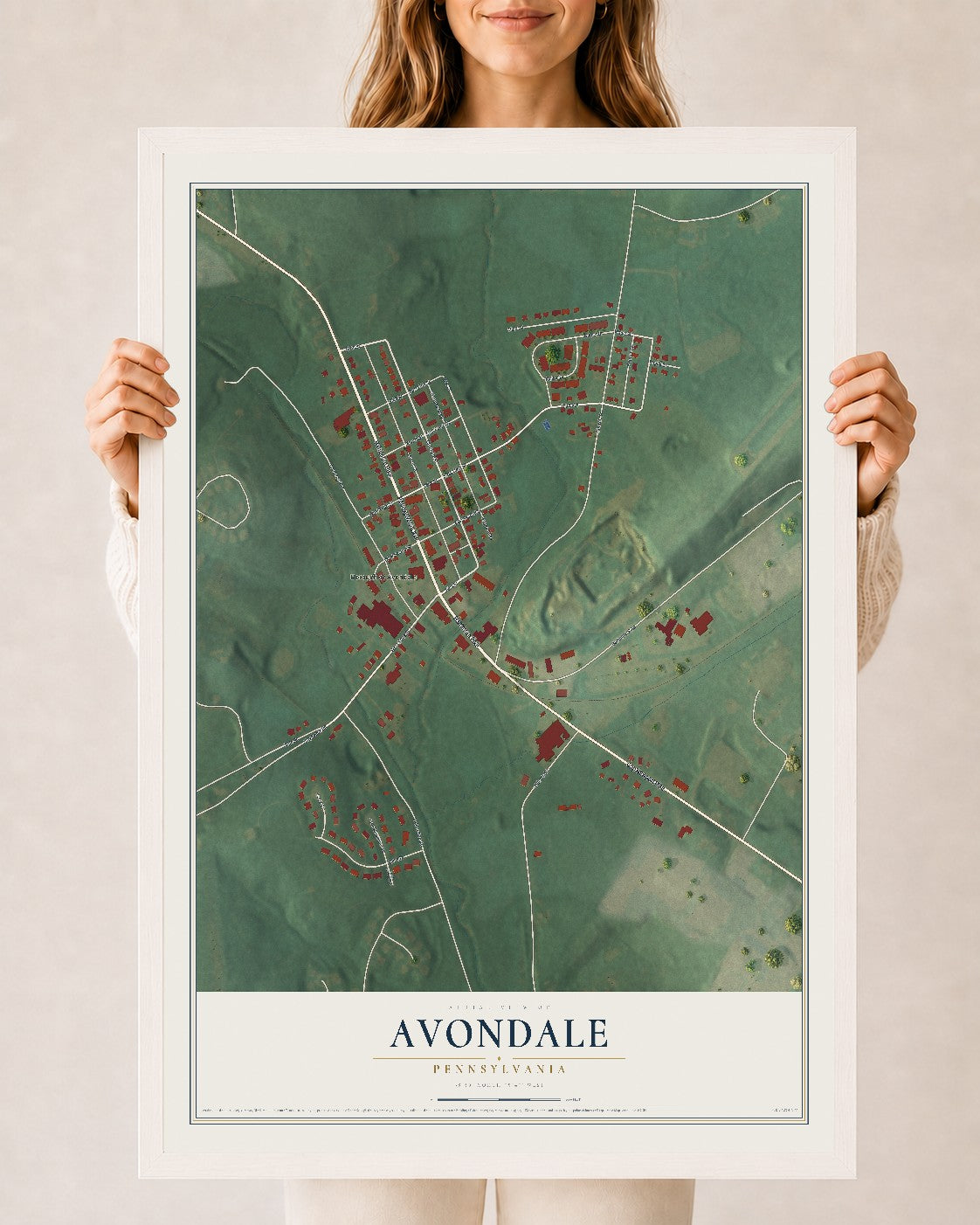 Map of Avondale, Pennsylvania, 24 x 36 inch print in a white wood frame