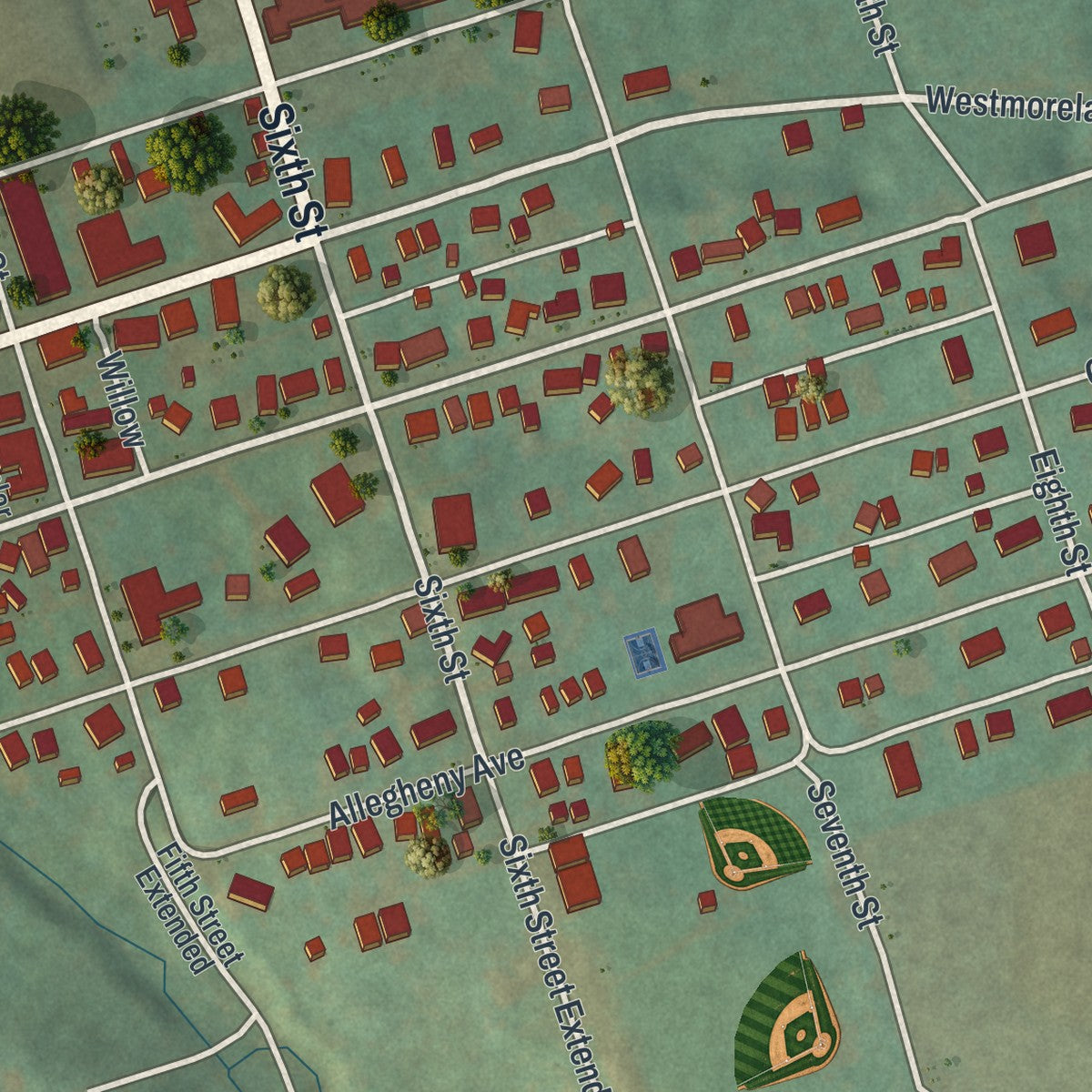 Close-up of the map of Avonmore, Pennsylvania print showing street and building detail
