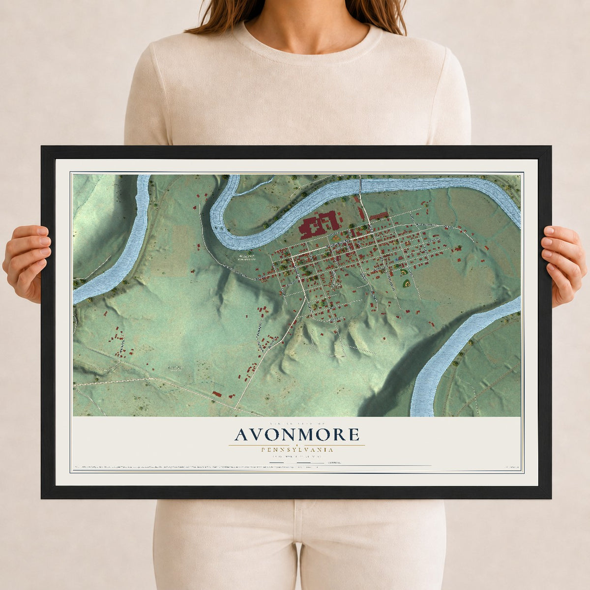Map of Avonmore, Pennsylvania, 12 x 18 inch print in a black wood frame