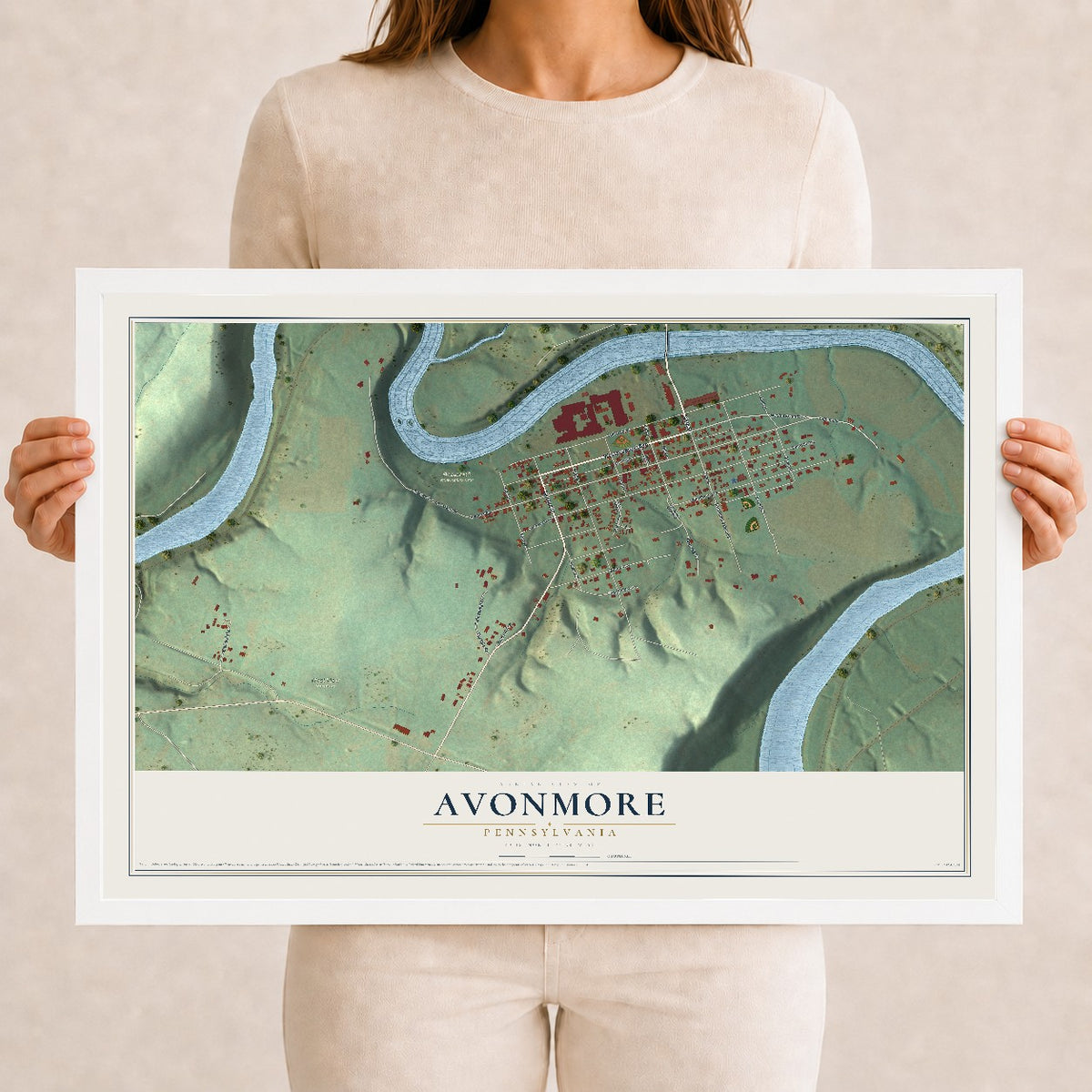 Map of Avonmore, Pennsylvania, 12 x 18 inch print in a white wood frame