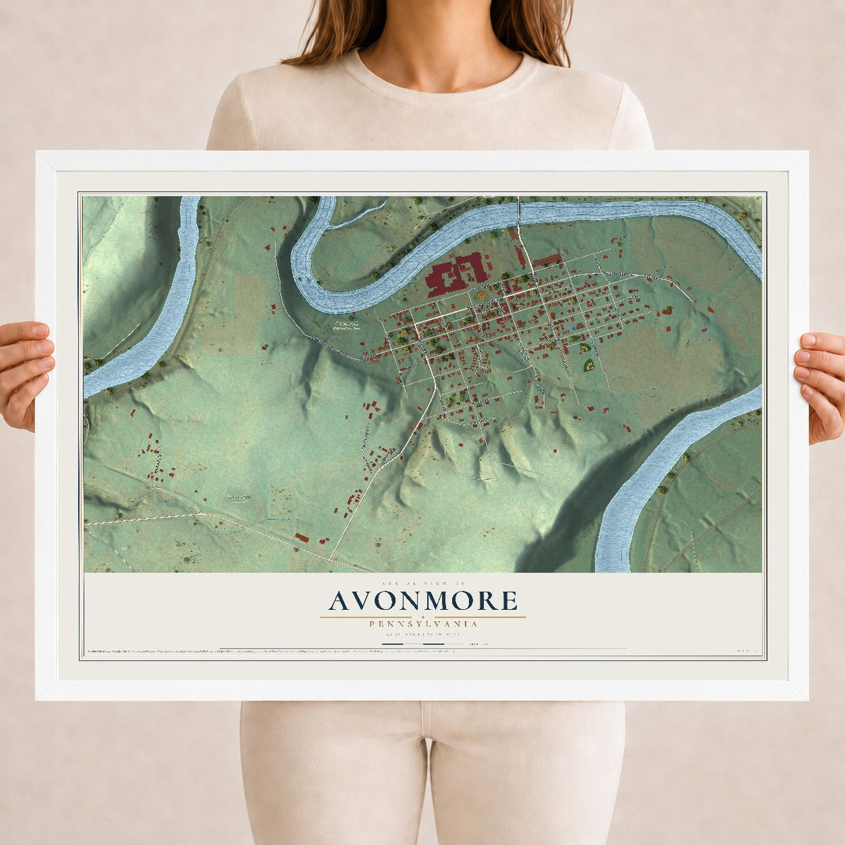 Map of Avonmore, Pennsylvania, 18 x 24 inch print in a white wood frame