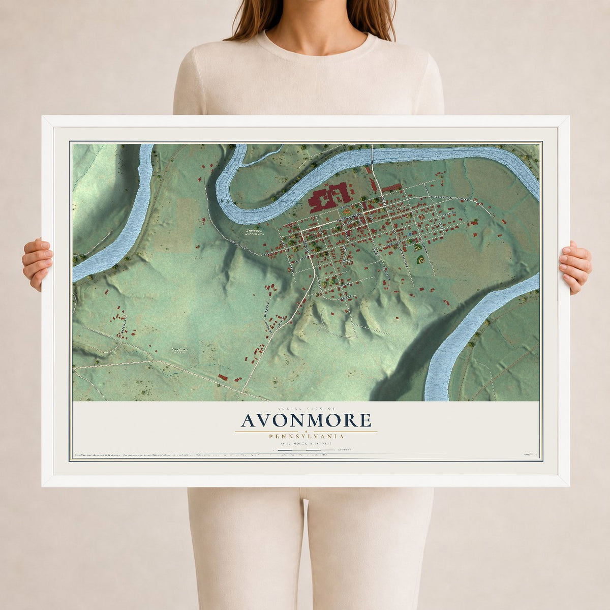 Map of Avonmore, Pennsylvania, 24 x 36 inch print in a white wood frame