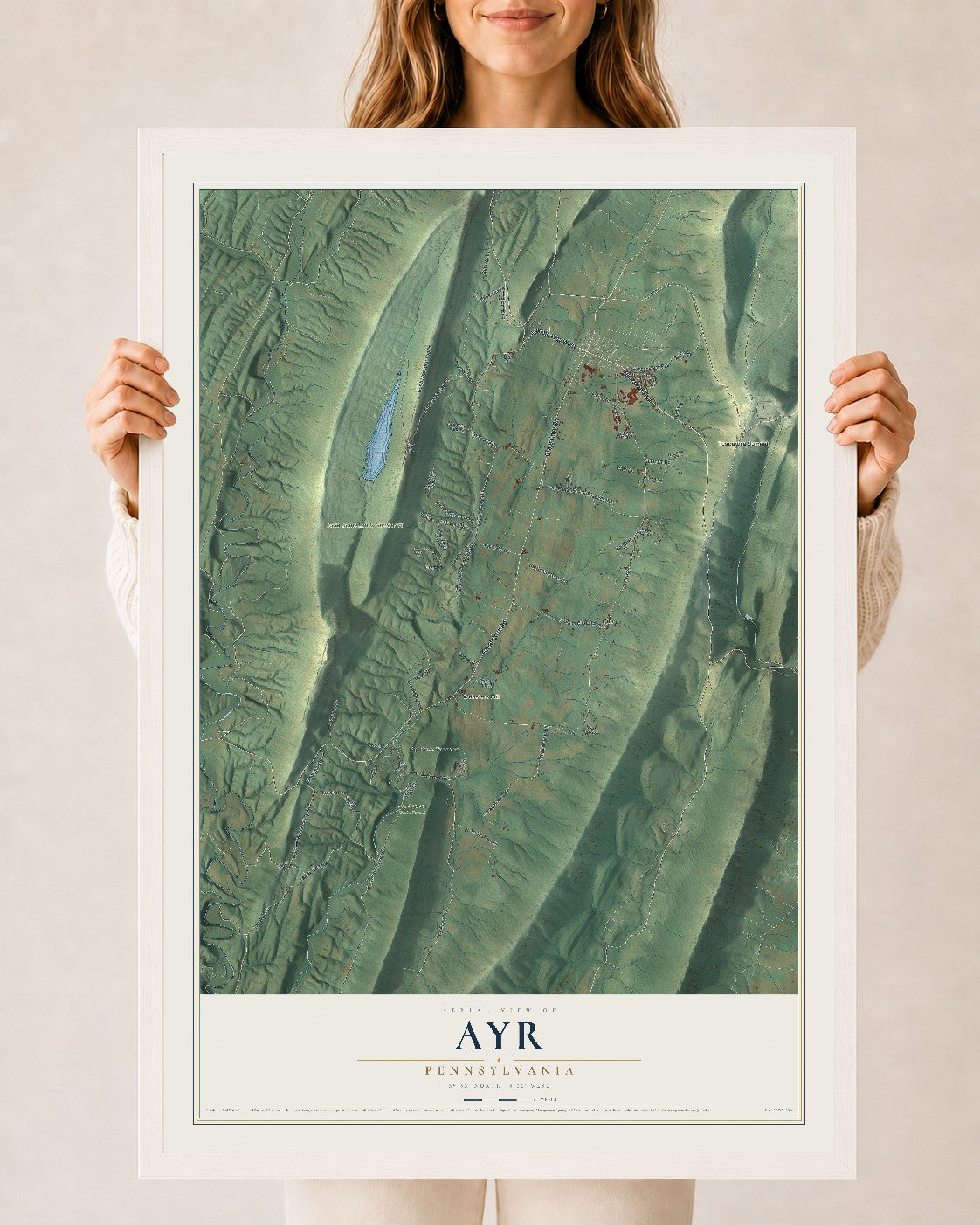 Map of Ayr, Pennsylvania, 24 x 36 inch print in a white wood frame