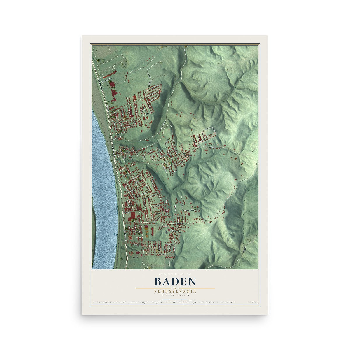 Map of Baden, Pennsylvania, 12 x 18 inch unframed archival matte print