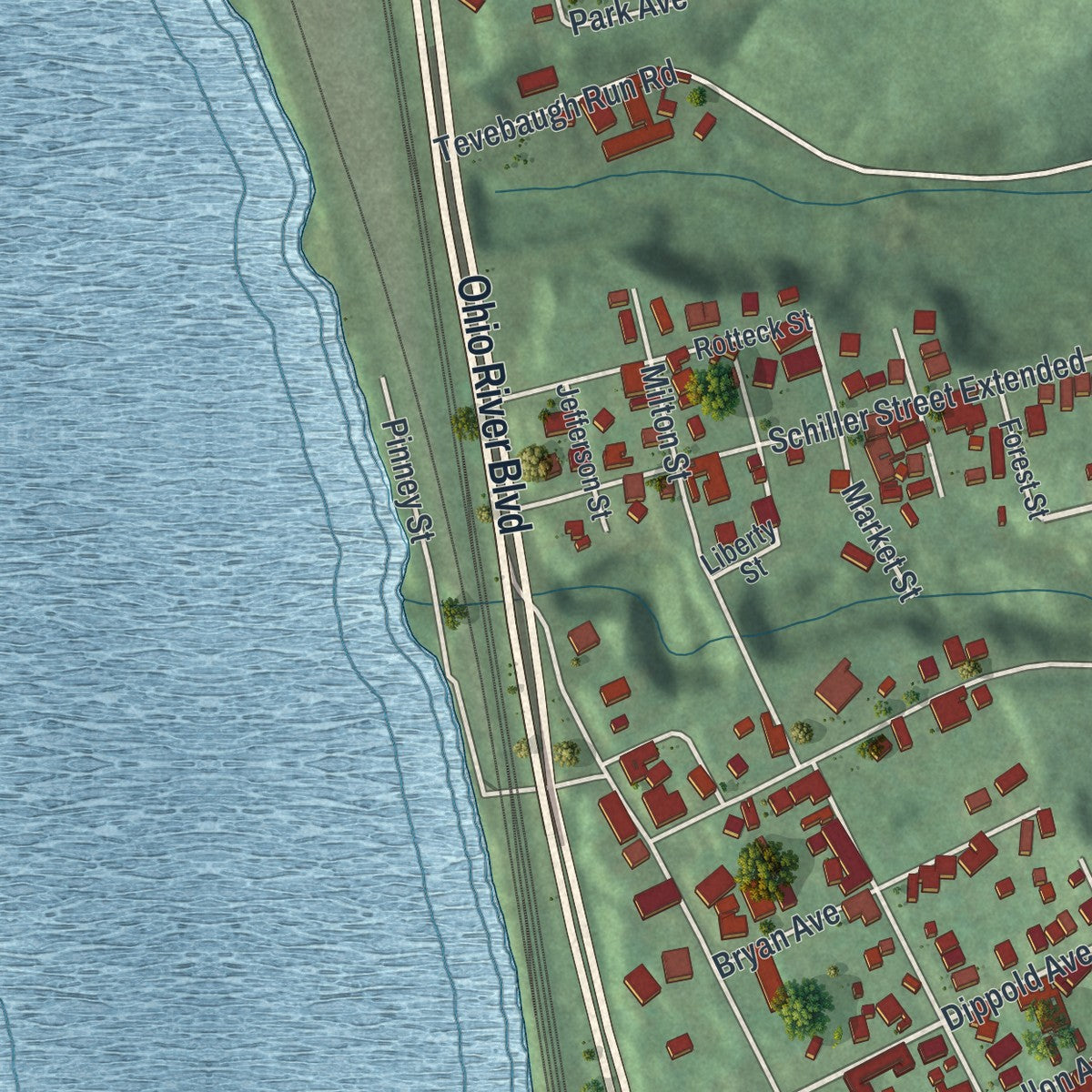 Second close-up of the map of Baden, Pennsylvania print showing more streets and buildings