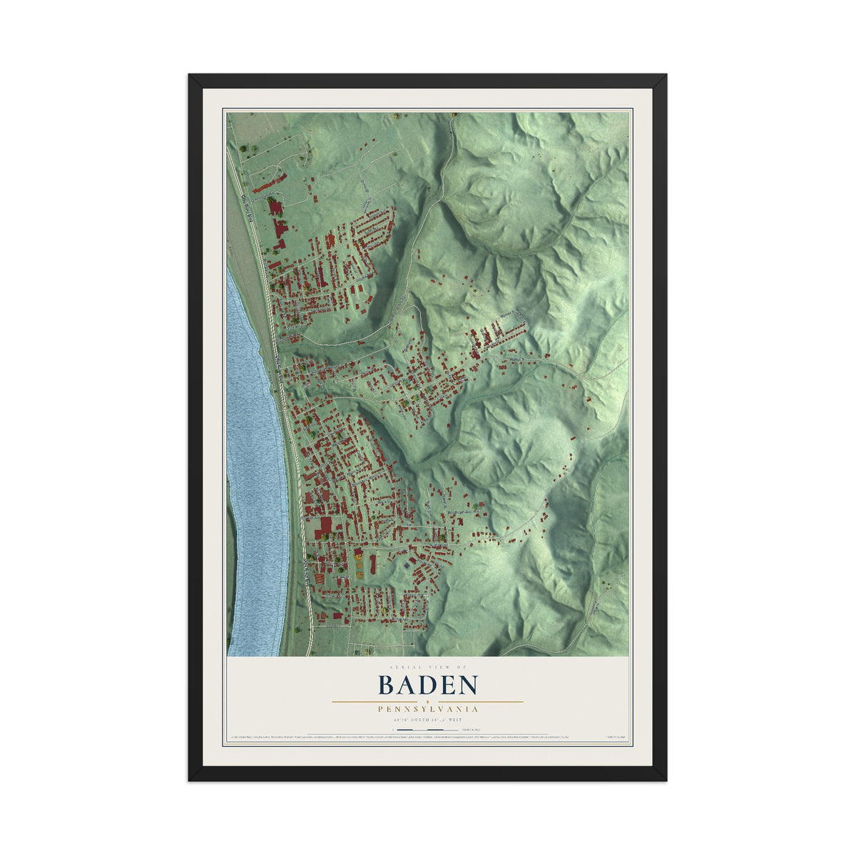 Map of Baden, Pennsylvania, 12 x 18 inch print in a black wood frame