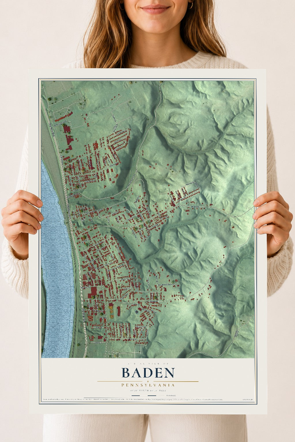 Map of Baden, Pennsylvania, 18 x 24 inch unframed archival matte print