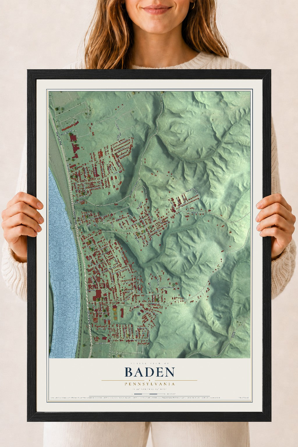 Map of Baden, Pennsylvania, 18 x 24 inch print in a black wood frame