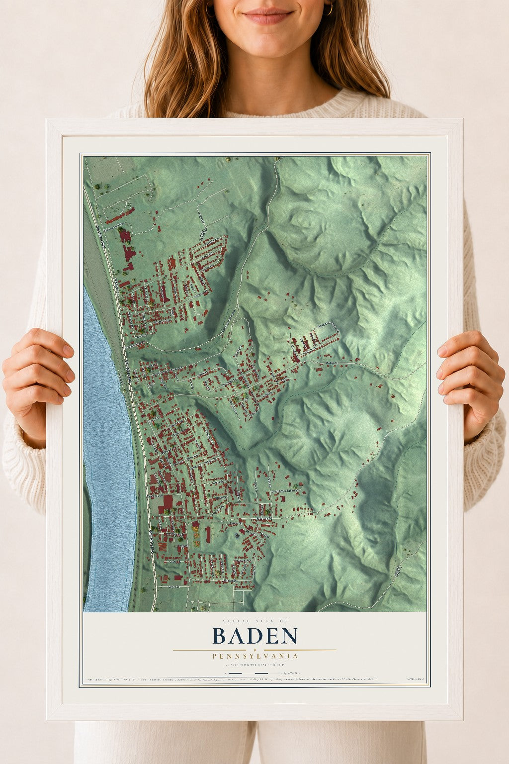 Map of Baden, Pennsylvania, 18 x 24 inch print in a white wood frame