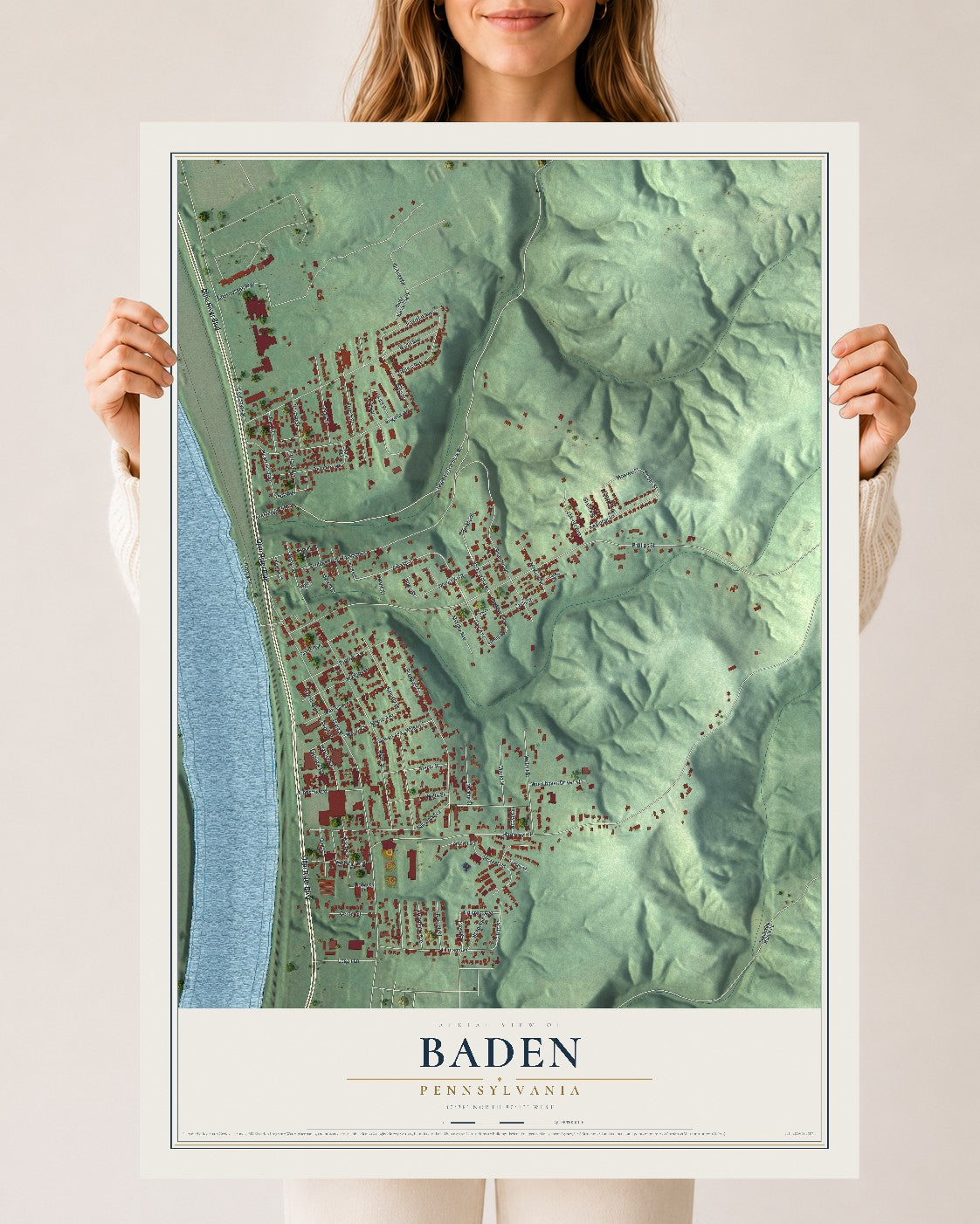 Map of Baden, Pennsylvania, 24 x 36 inch unframed archival matte print