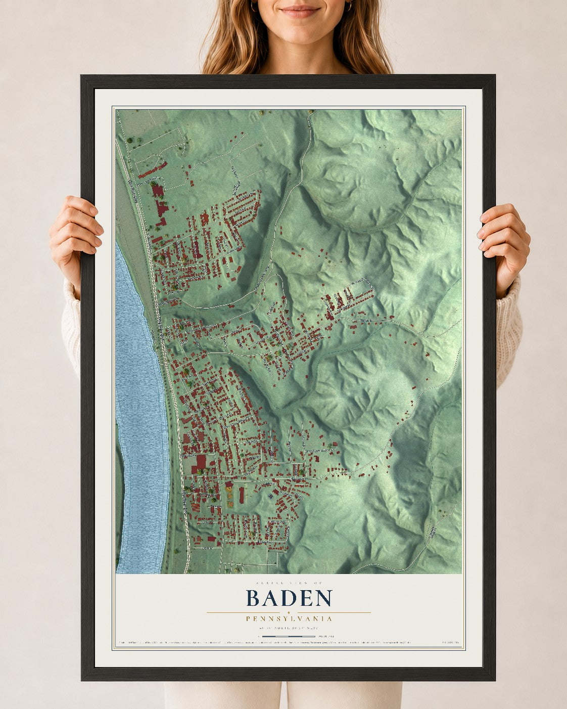 Map of Baden, Pennsylvania, 24 x 36 inch print in a black wood frame