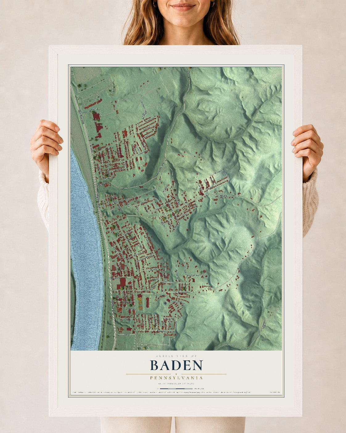 Map of Baden, Pennsylvania, 24 x 36 inch print in a white wood frame