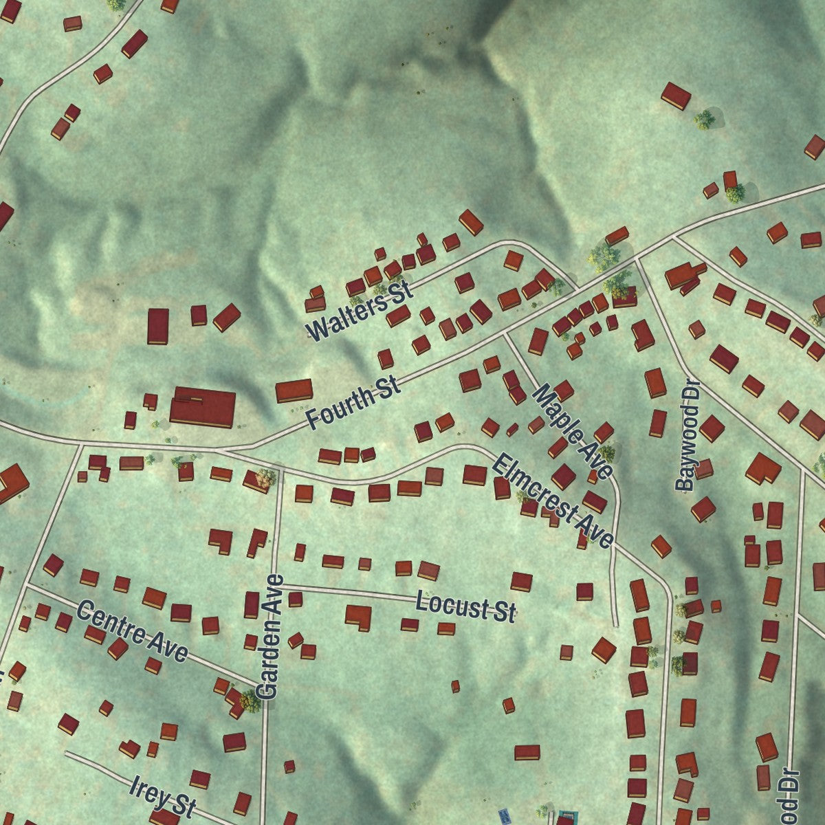 Close-up of the map of Baidland, Pennsylvania print showing street and building detail