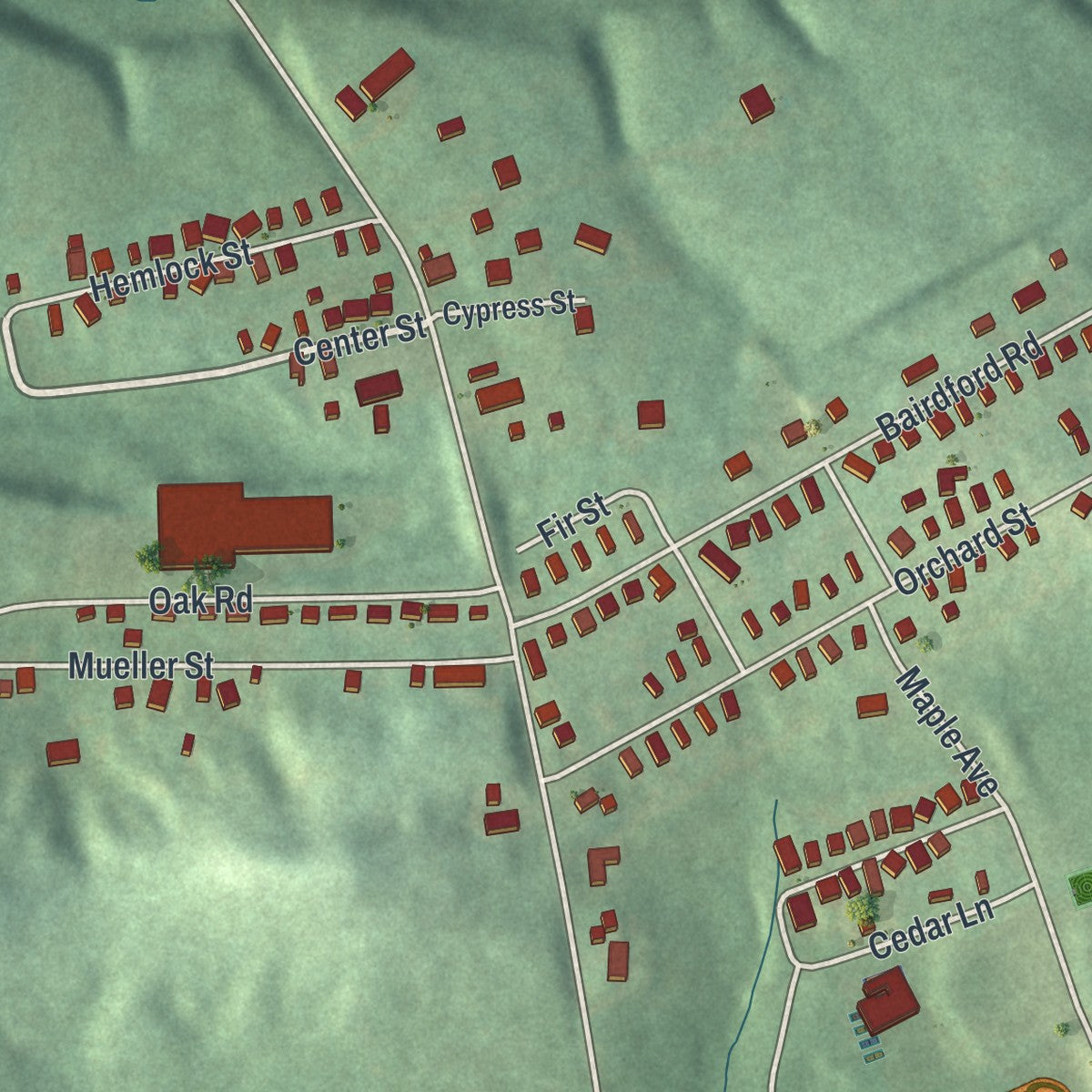 Close-up of the map of Bairdford, Pennsylvania print showing street and building detail