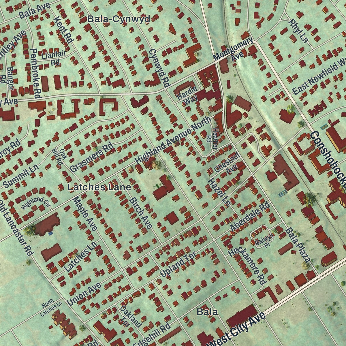 Close-up of the map of Bala Cynwyd, Pennsylvania print showing street and building detail