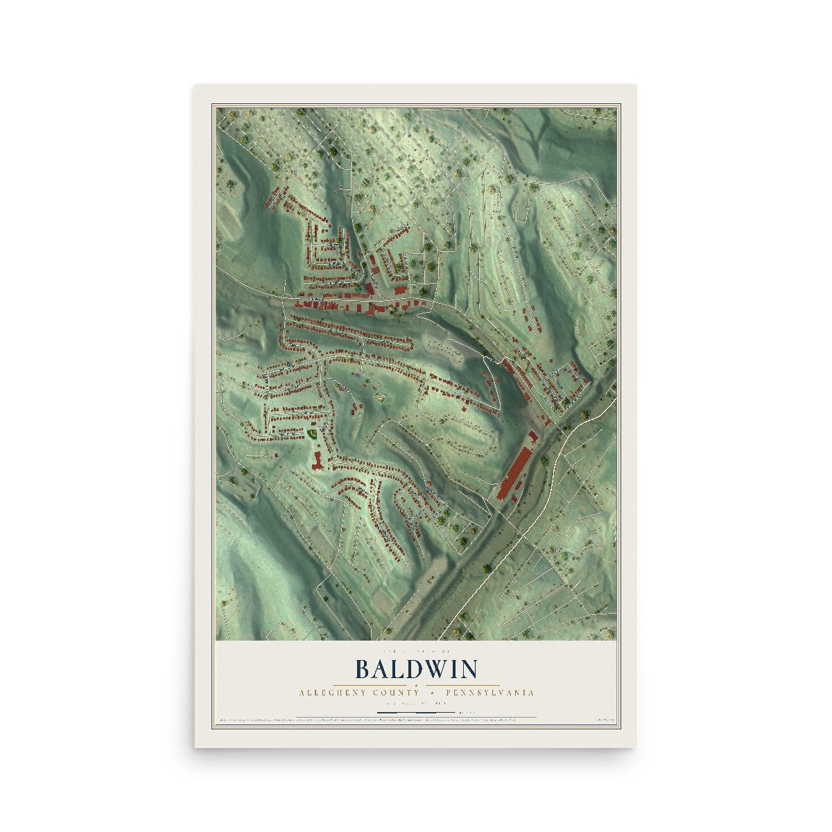Map of Baldwin, Allegheny County, Pennsylvania, 12 x 18 inch unframed archival matte print