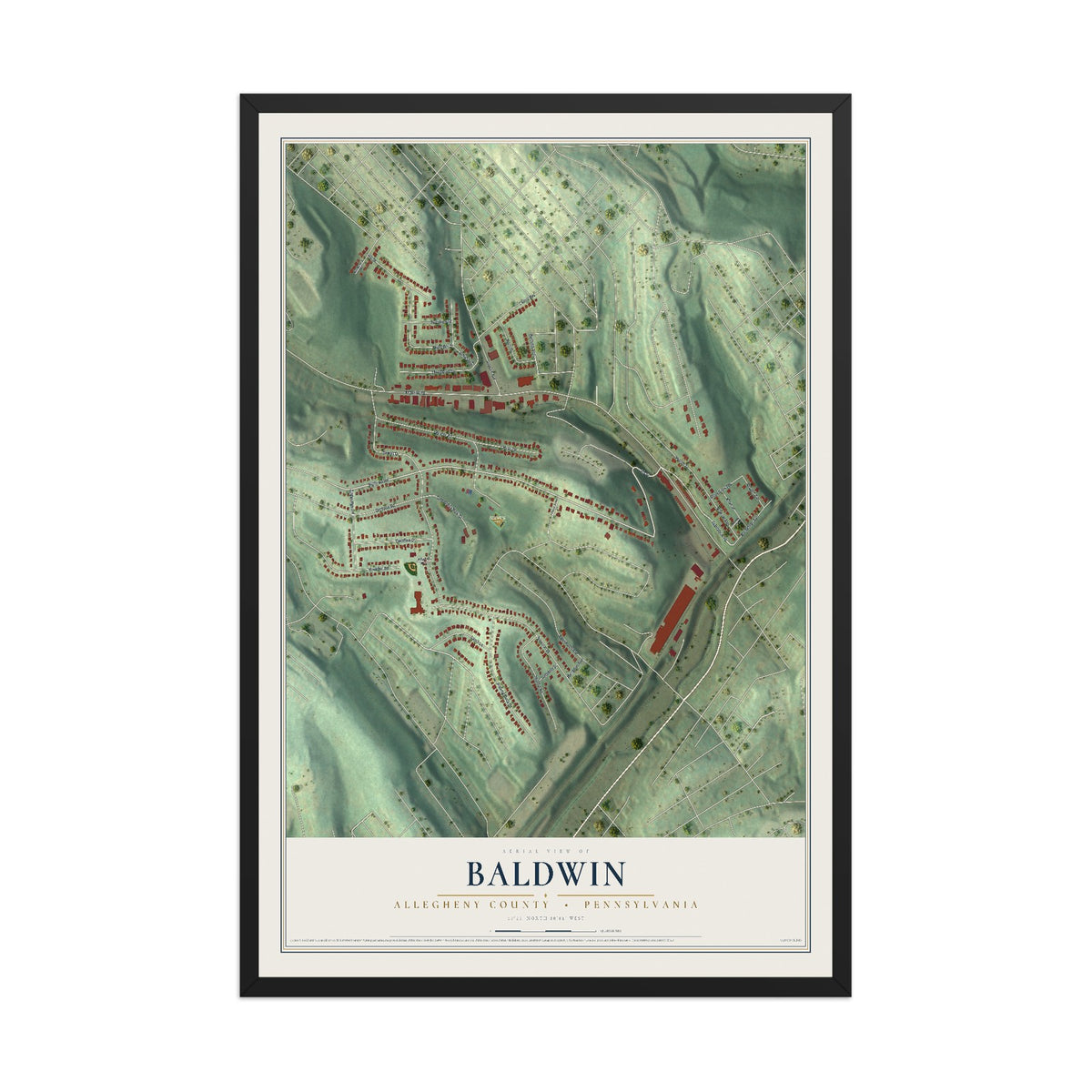 Map of Baldwin, Allegheny County, Pennsylvania, 12 x 18 inch print in a black wood frame