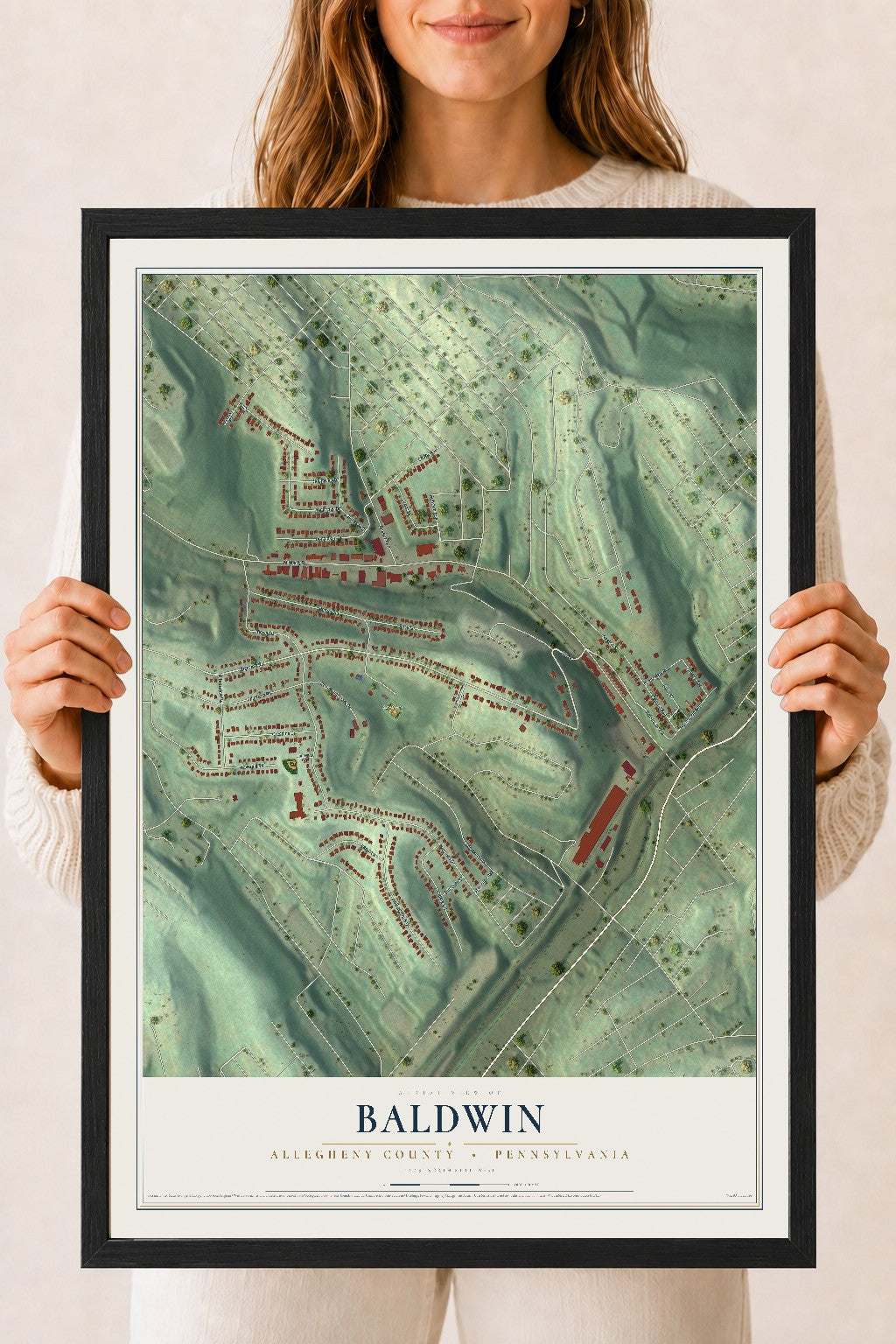 Map of Baldwin, Allegheny County, Pennsylvania, 18 x 24 inch print in a black wood frame