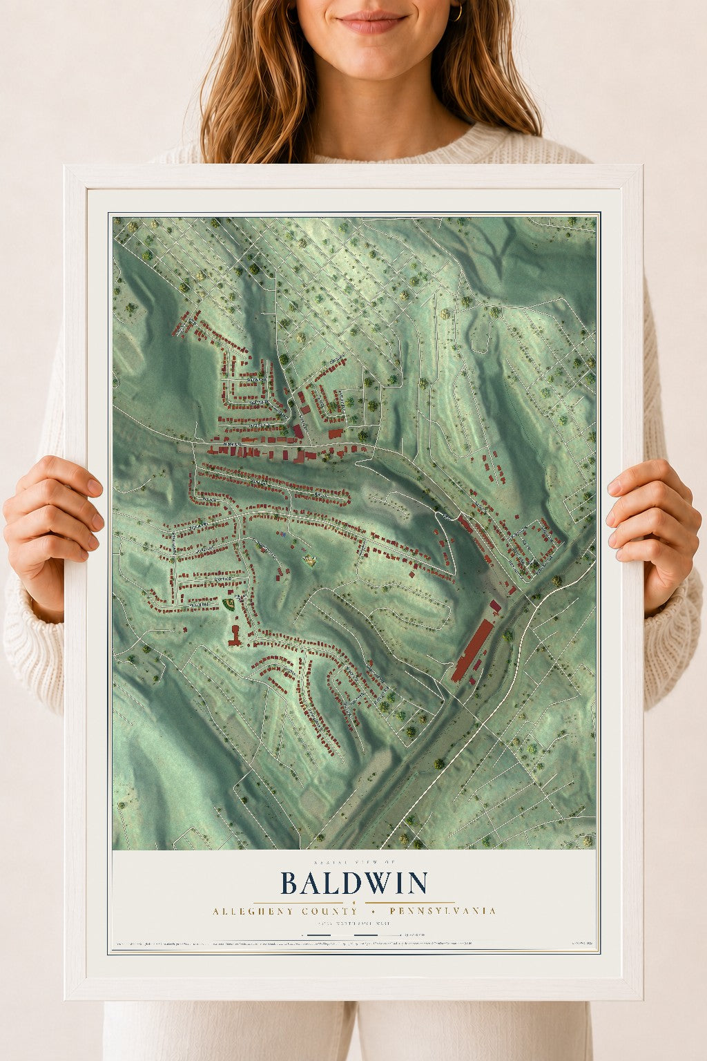 Map of Baldwin, Allegheny County, Pennsylvania, 18 x 24 inch print in a white wood frame
