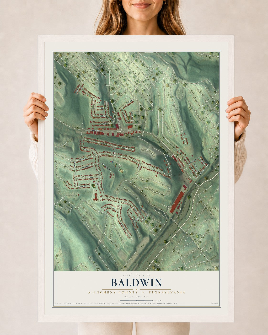 Map of Baldwin, Allegheny County, Pennsylvania, 24 x 36 inch print in a white wood frame