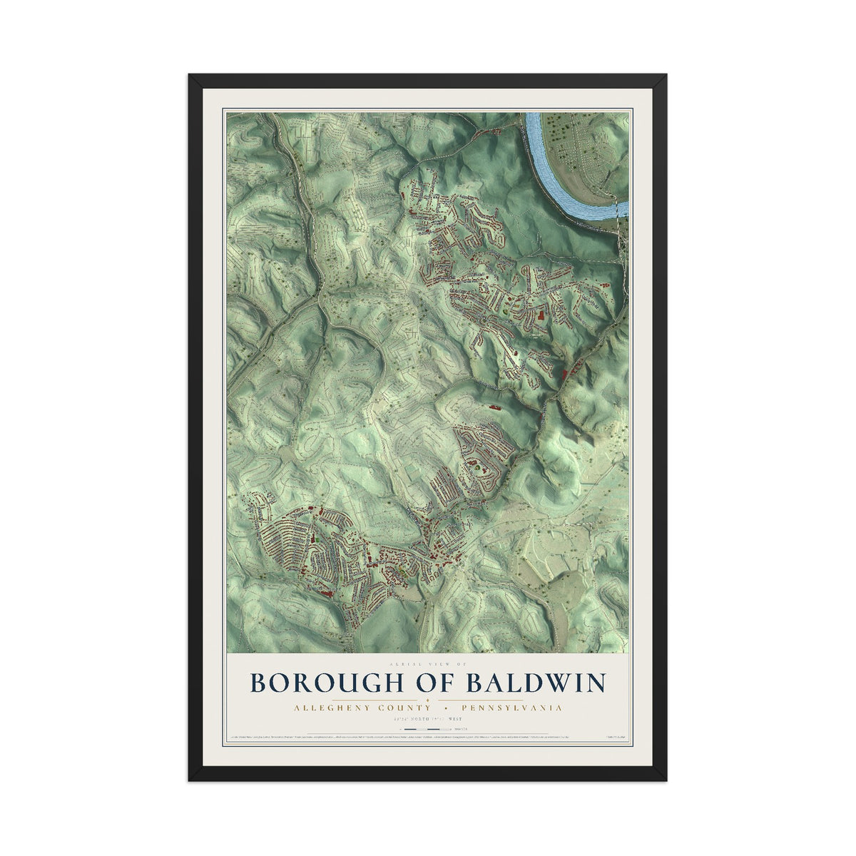 Map of the Borough of Baldwin, Allegheny County, Pennsylvania, 12 x 18 inch print in a black wood frame