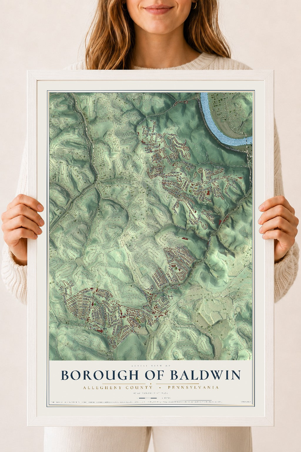 Map of the Borough of Baldwin, Allegheny County, Pennsylvania, 18 x 24 inch print in a white wood frame