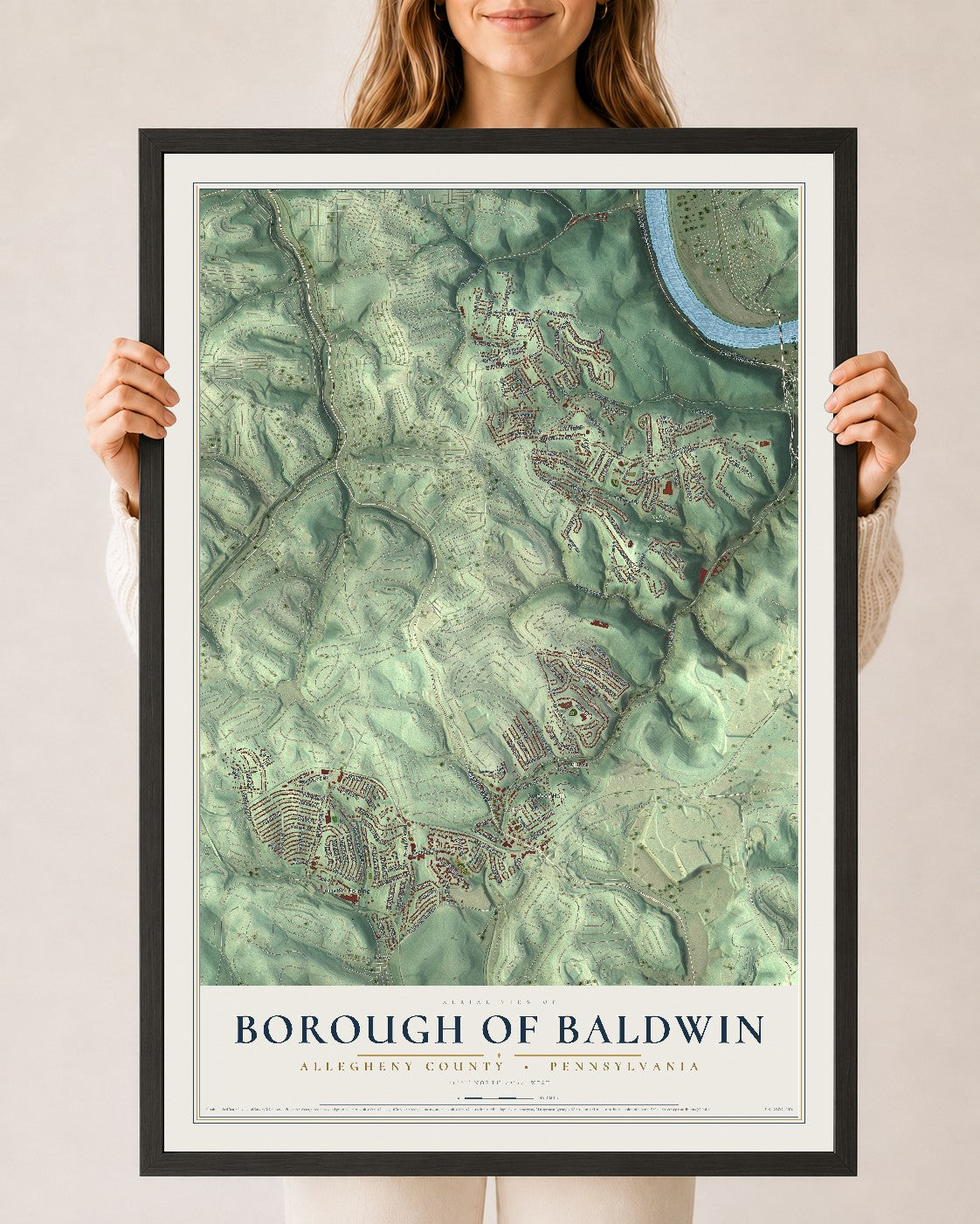 Map of the Borough of Baldwin, Allegheny County, Pennsylvania, 24 x 36 inch print in a black wood frame