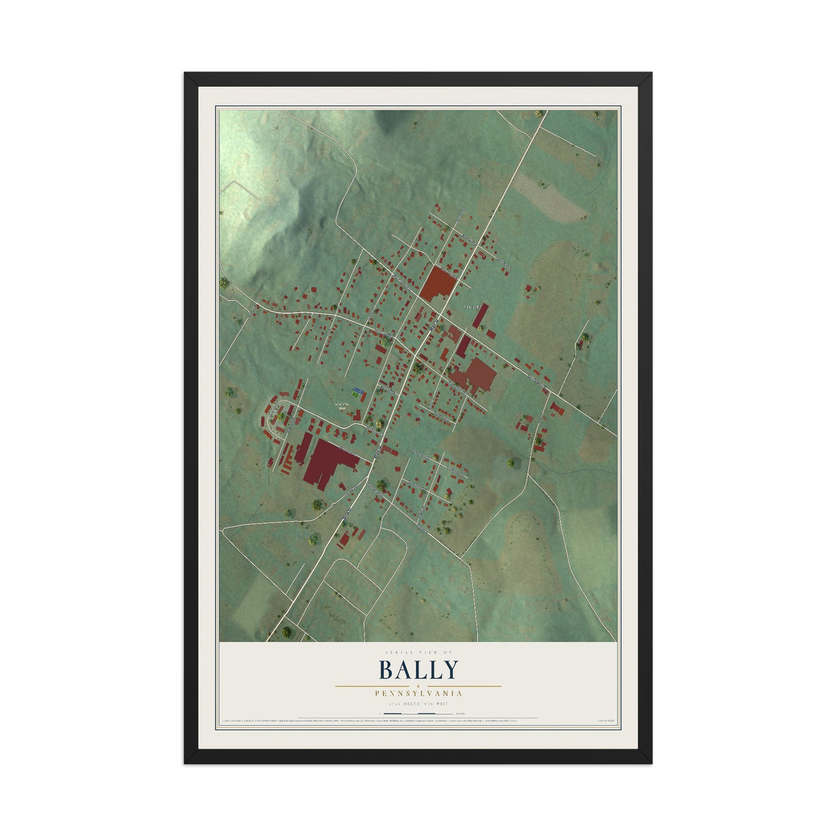 Map of Bally, Pennsylvania, 12 x 18 inch print in a black wood frame
