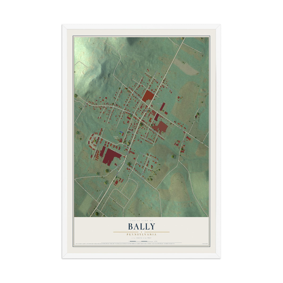 Map of Bally, Pennsylvania, 12 x 18 inch print in a white wood frame