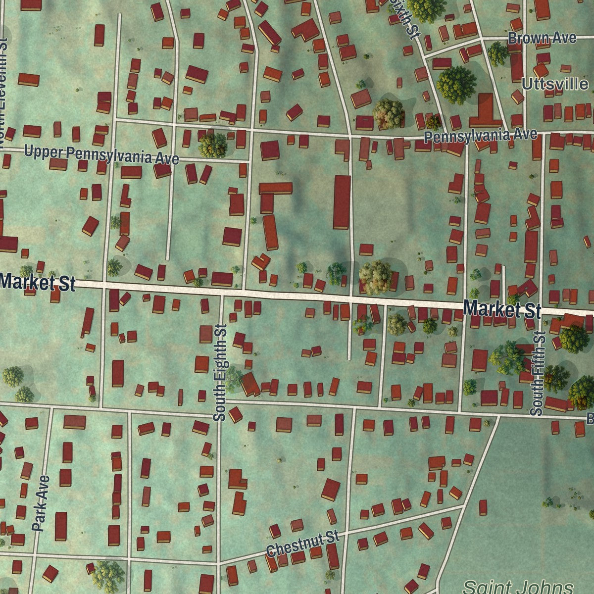 Close-up of the map of Bangor, Pennsylvania print showing street and building detail