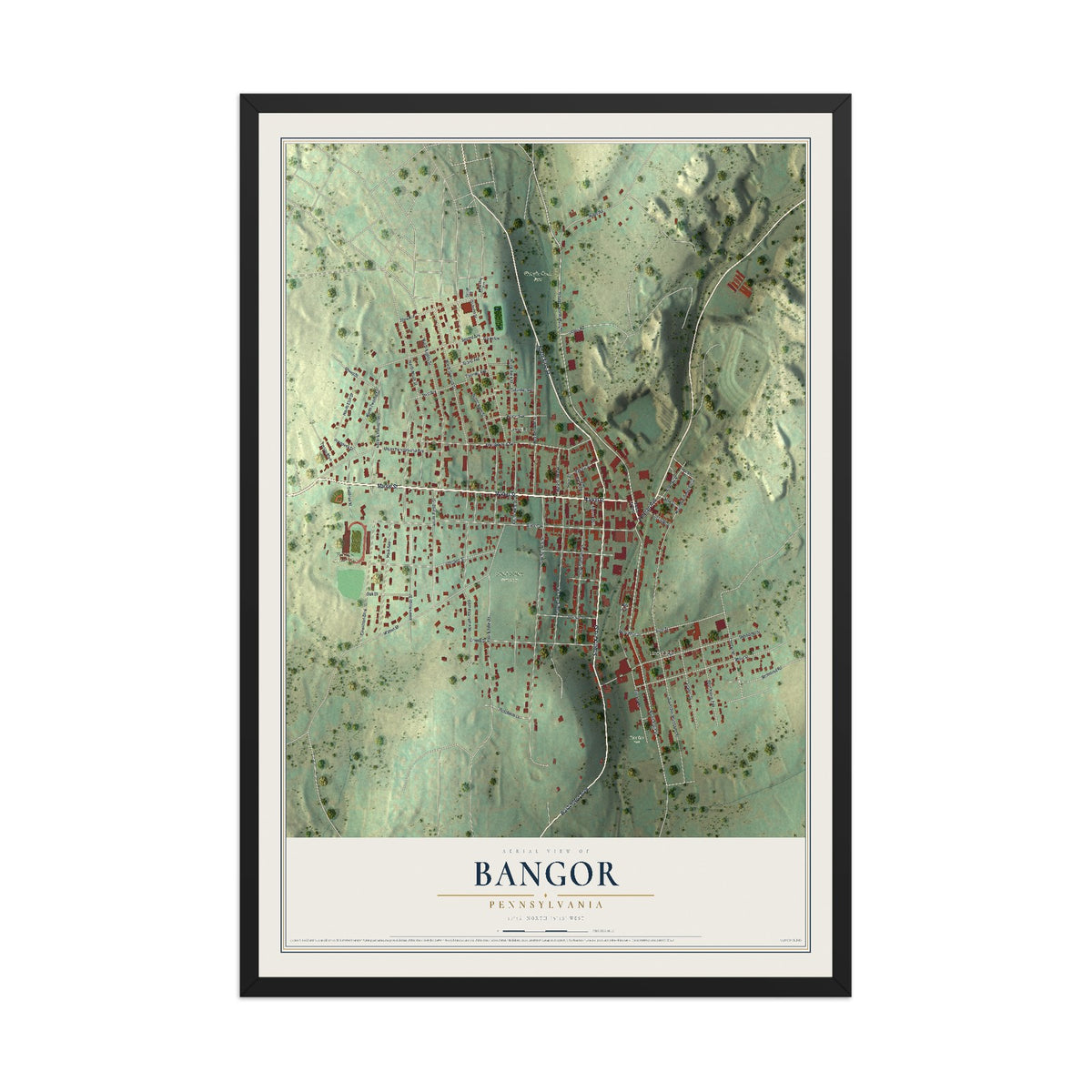 Map of Bangor, Pennsylvania, 12 x 18 inch print in a black wood frame