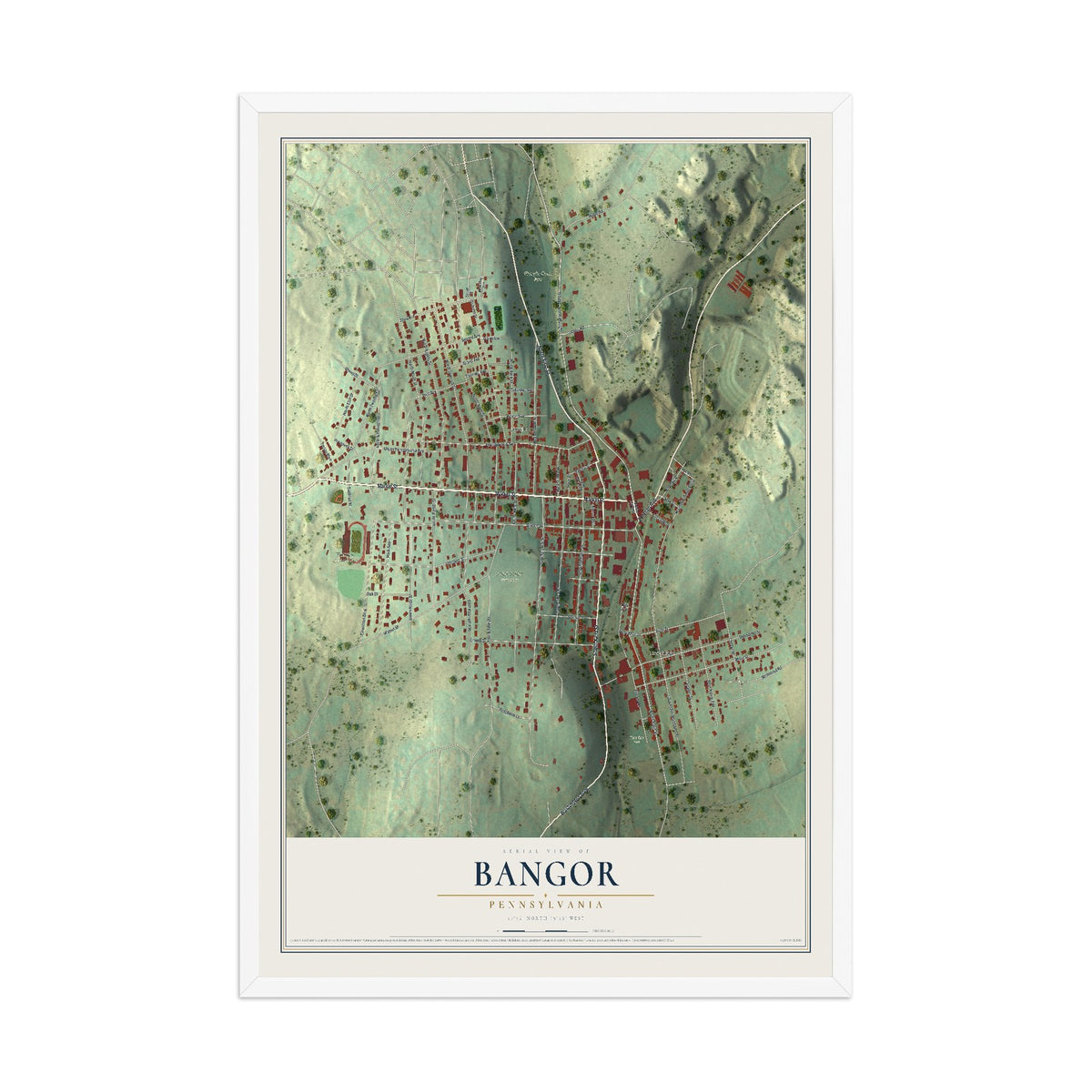 Map of Bangor, Pennsylvania, 12 x 18 inch print in a white wood frame