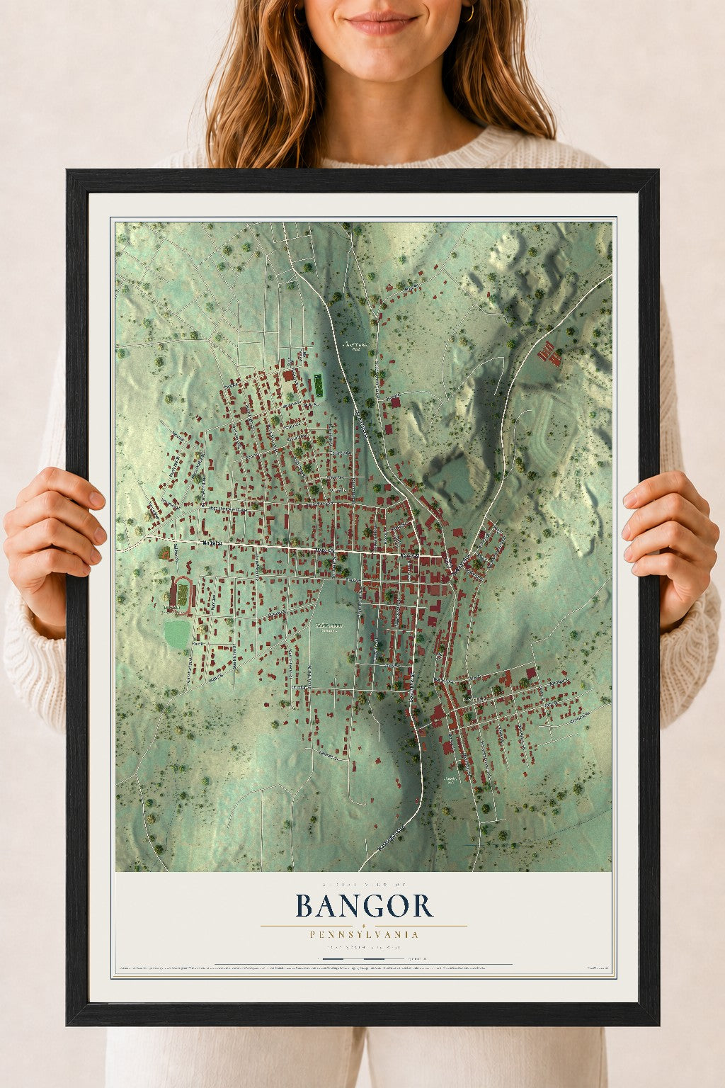 Map of Bangor, Pennsylvania, 18 x 24 inch print in a black wood frame