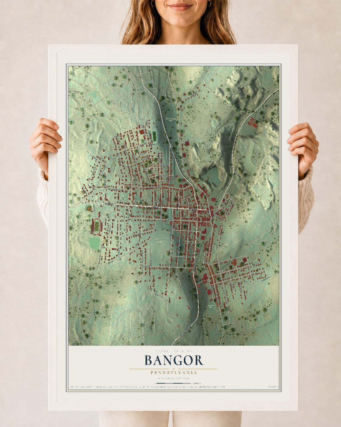 Map of Bangor, Pennsylvania, 24 x 36 inch print in a white wood frame