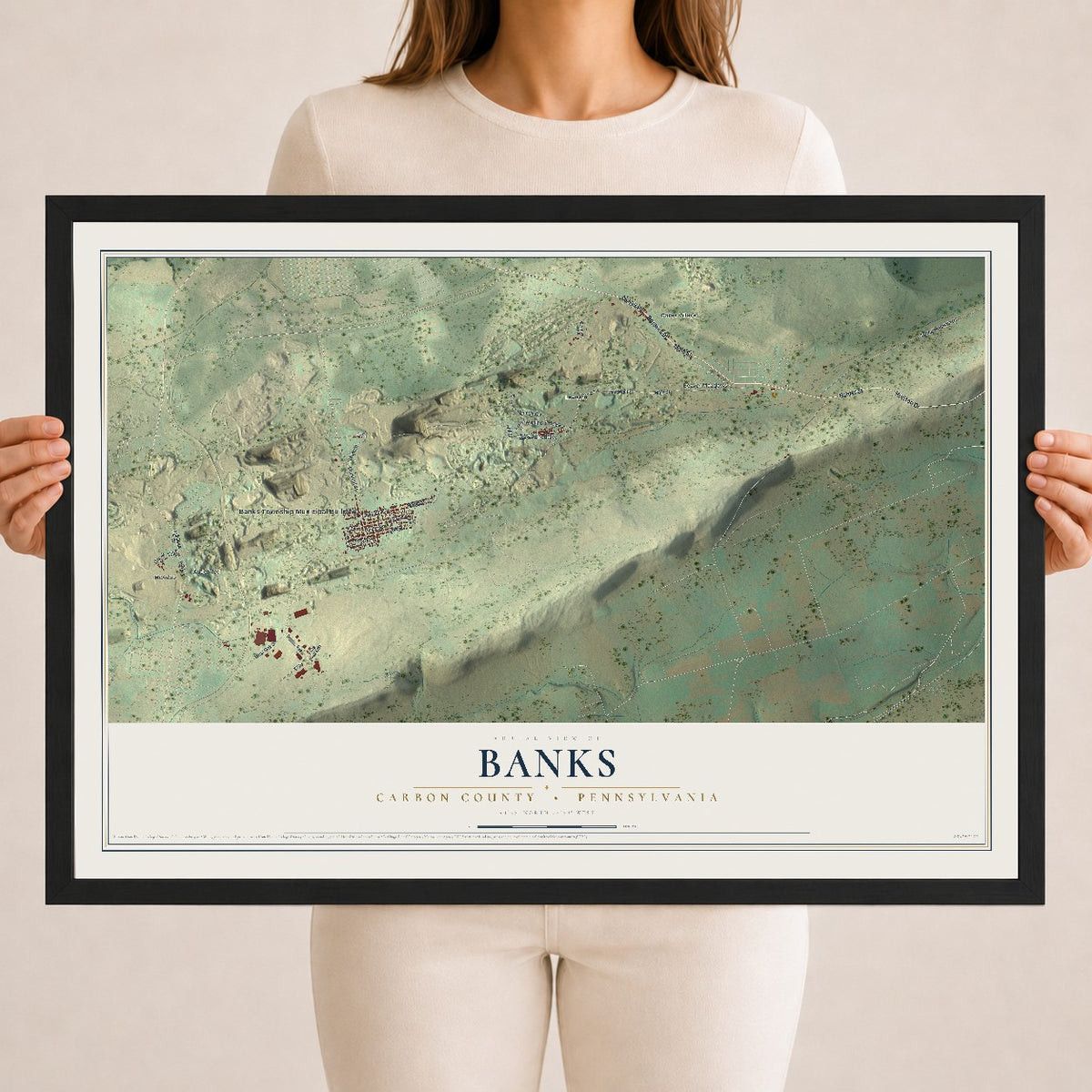 Map of Banks, Carbon County, Pennsylvania, 18 x 24 inch print in a black wood frame