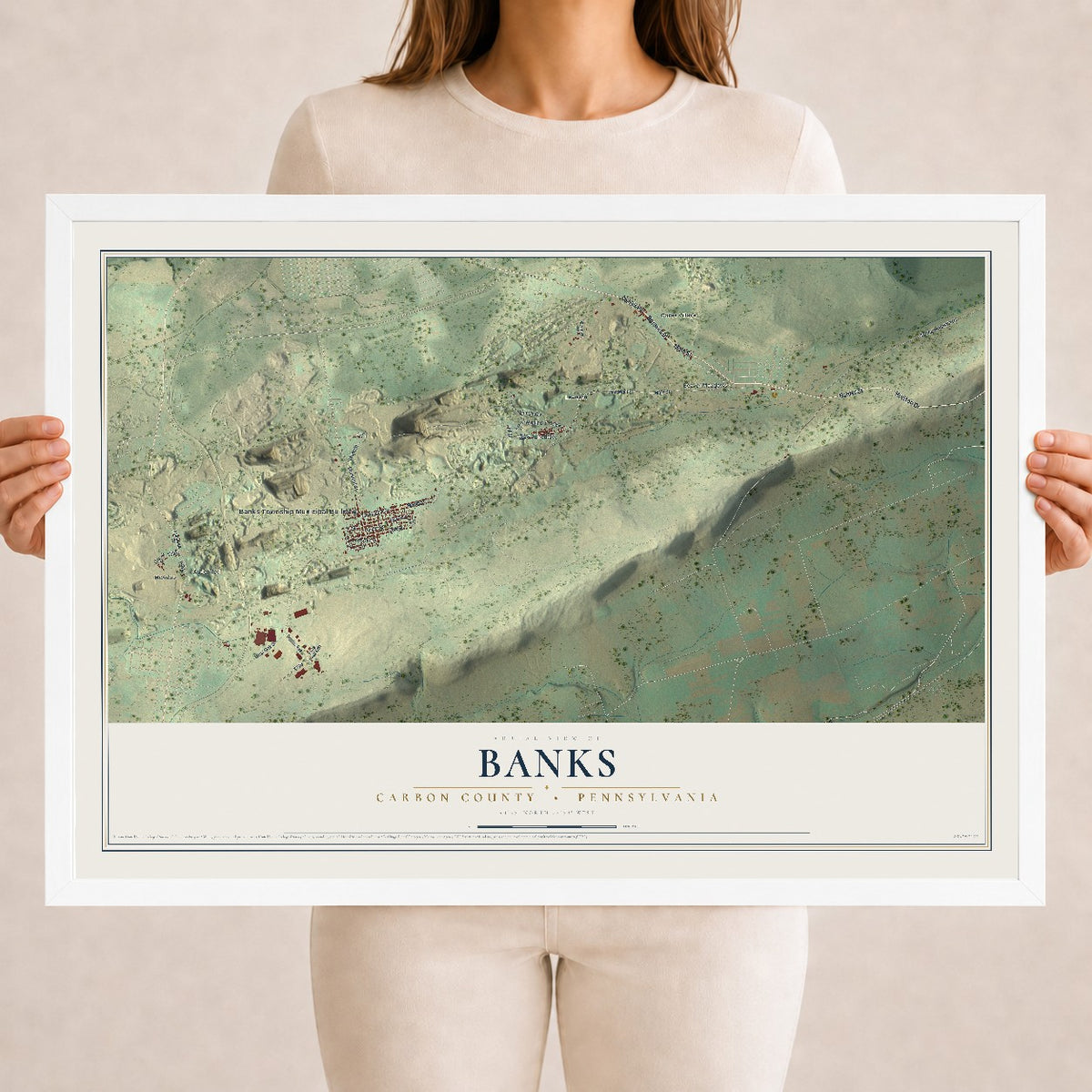 Map of Banks, Carbon County, Pennsylvania, 18 x 24 inch print in a white wood frame