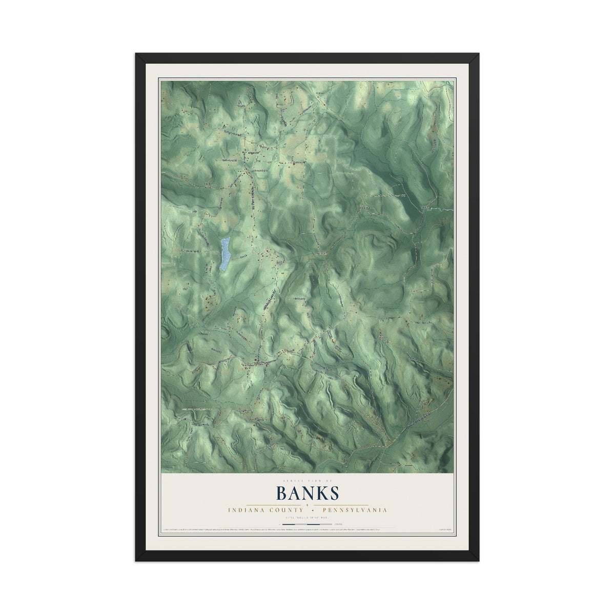 Map of Banks, Indiana County, Pennsylvania, 12 x 18 inch print in a black wood frame
