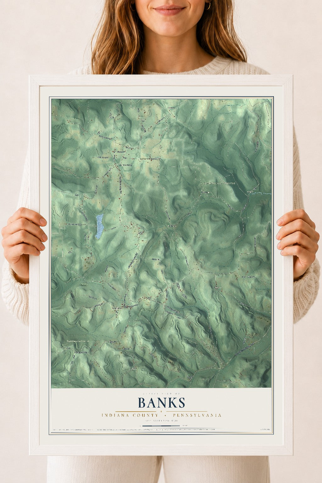 Map of Banks, Indiana County, Pennsylvania, 18 x 24 inch print in a white wood frame