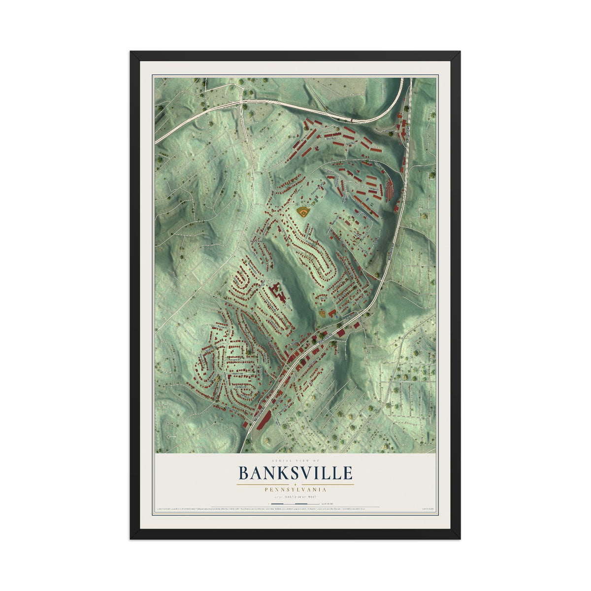 Map of Banksville, Pennsylvania, 12 x 18 inch print in a black wood frame