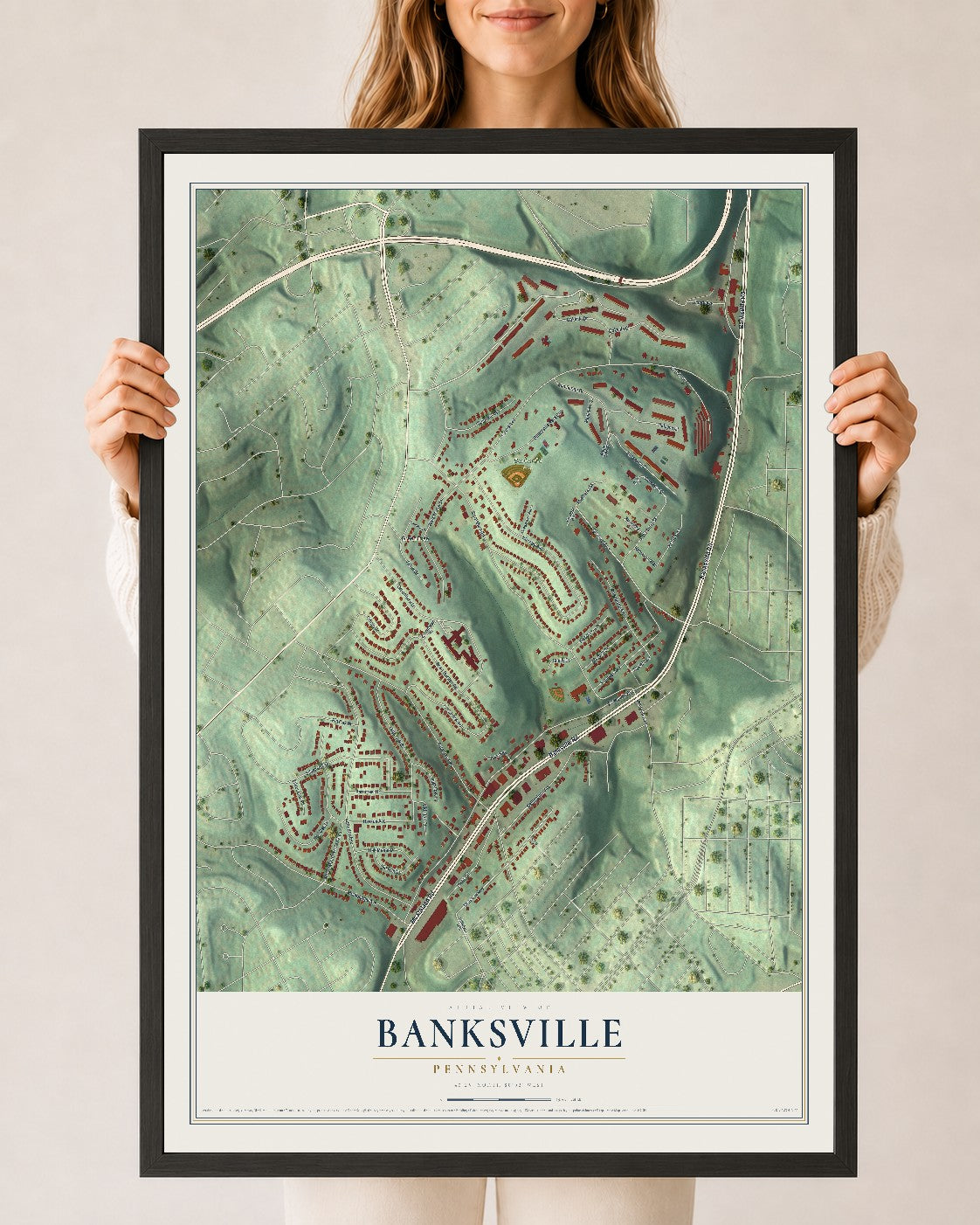 Map of Banksville, Pennsylvania, 24 x 36 inch print in a black wood frame